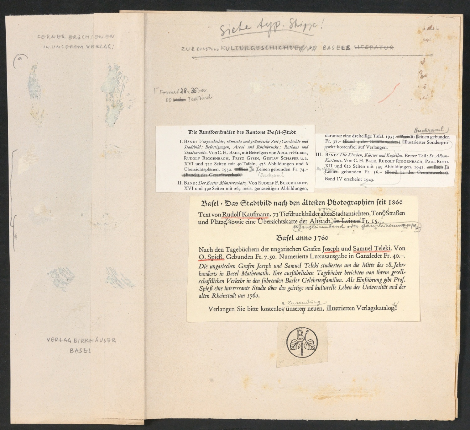 Entwürfe und korrigierte Druckfahnen für Schutzumschlag und Titelblatt von Basel und das Seidenband — Blatt 3
