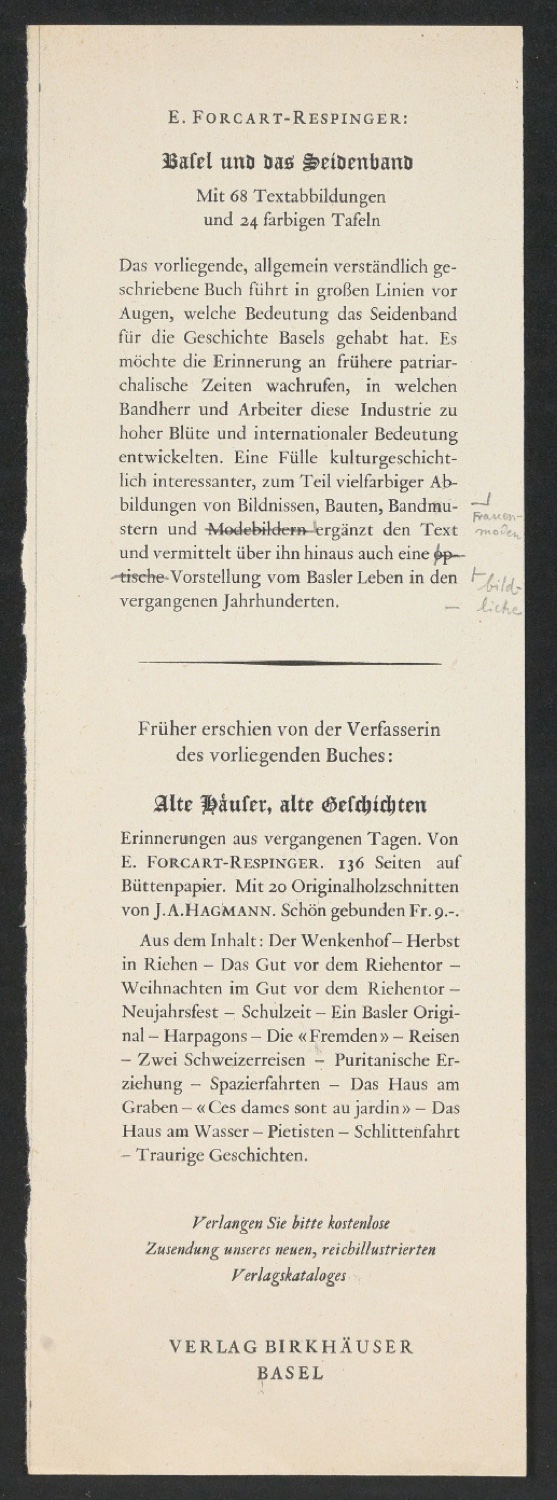Entwürfe und korrigierte Druckfahnen für Schutzumschlag und Titelblatt von Basel und das Seidenband — Blatt 14