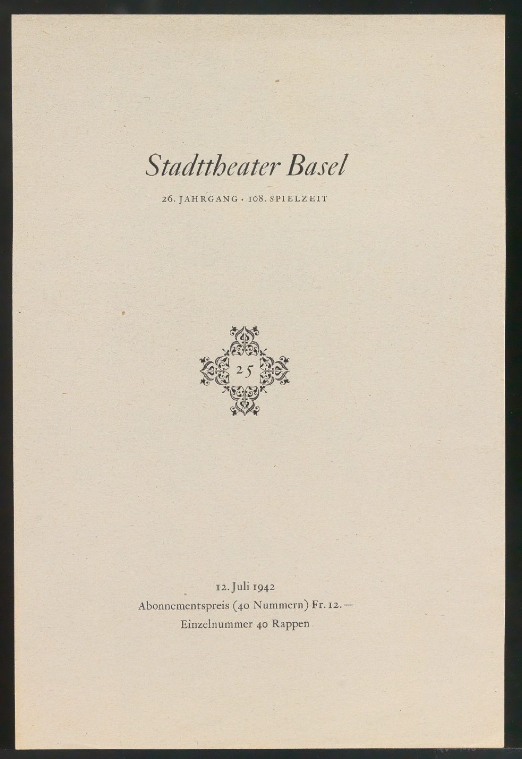 Probedruck für das Titelblatt von Programmheft Stadttheater Basel — Blatt 1
