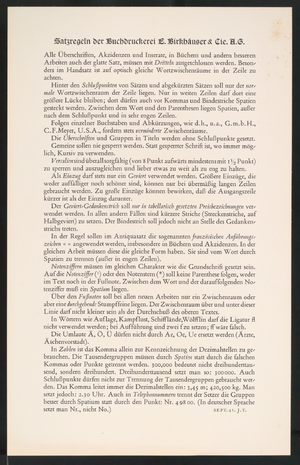 Satzregeln der Buchdruckerei E. Birkhäuser & Cie — Blatt 1