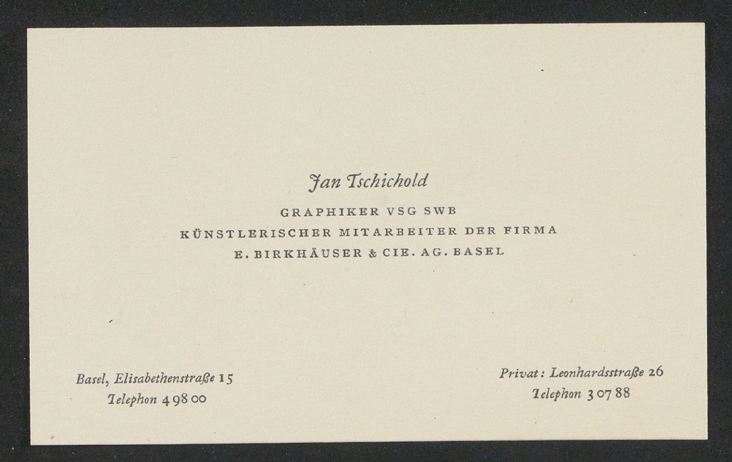 Vistenkarte für Jan Tschichold (Leonhardstraße 26) — Blatt 1