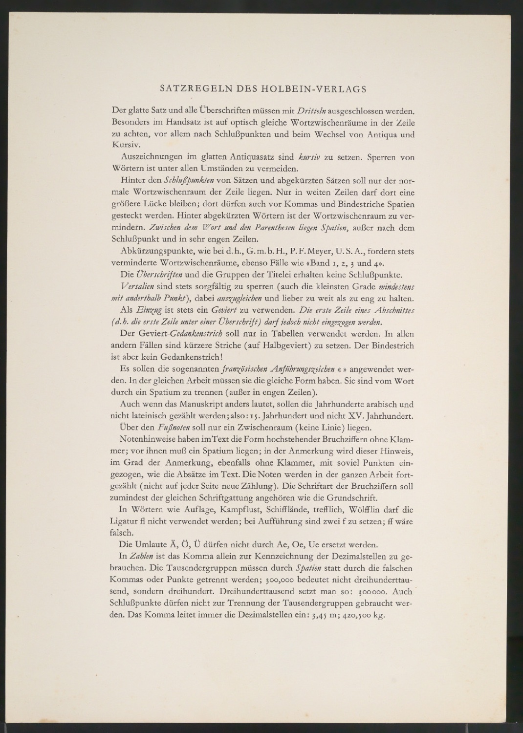 Satzregeln des Holbein-Verlags — Blatt 1