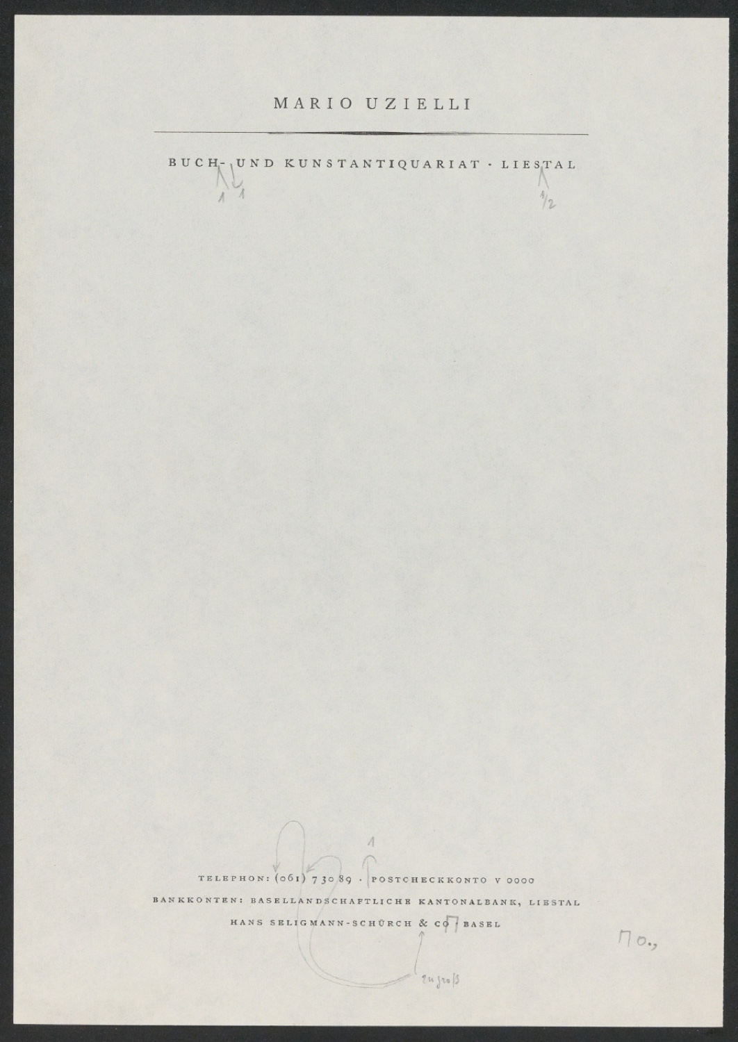 Entwurf und Korrekturfahnen für einen Briefbogen für Mario Uzielli Buch- und Kunstantiquariat — Blatt 1