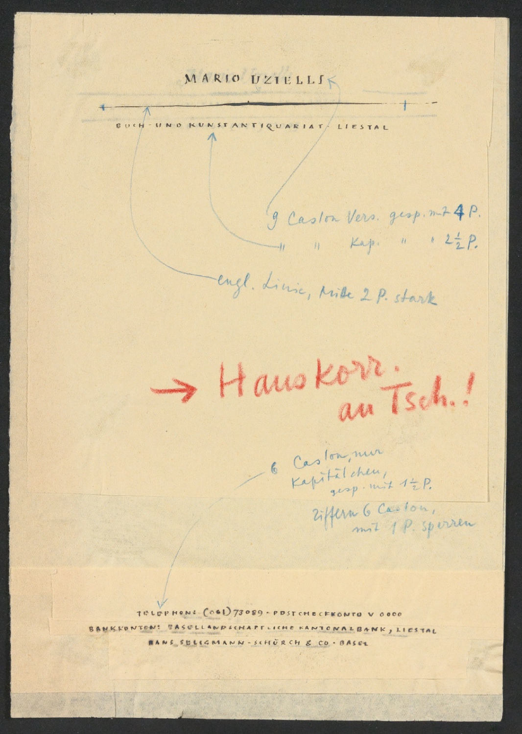 Entwurf und Korrekturfahnen für einen Briefbogen für Mario Uzielli Buch- und Kunstantiquariat — Blatt 3