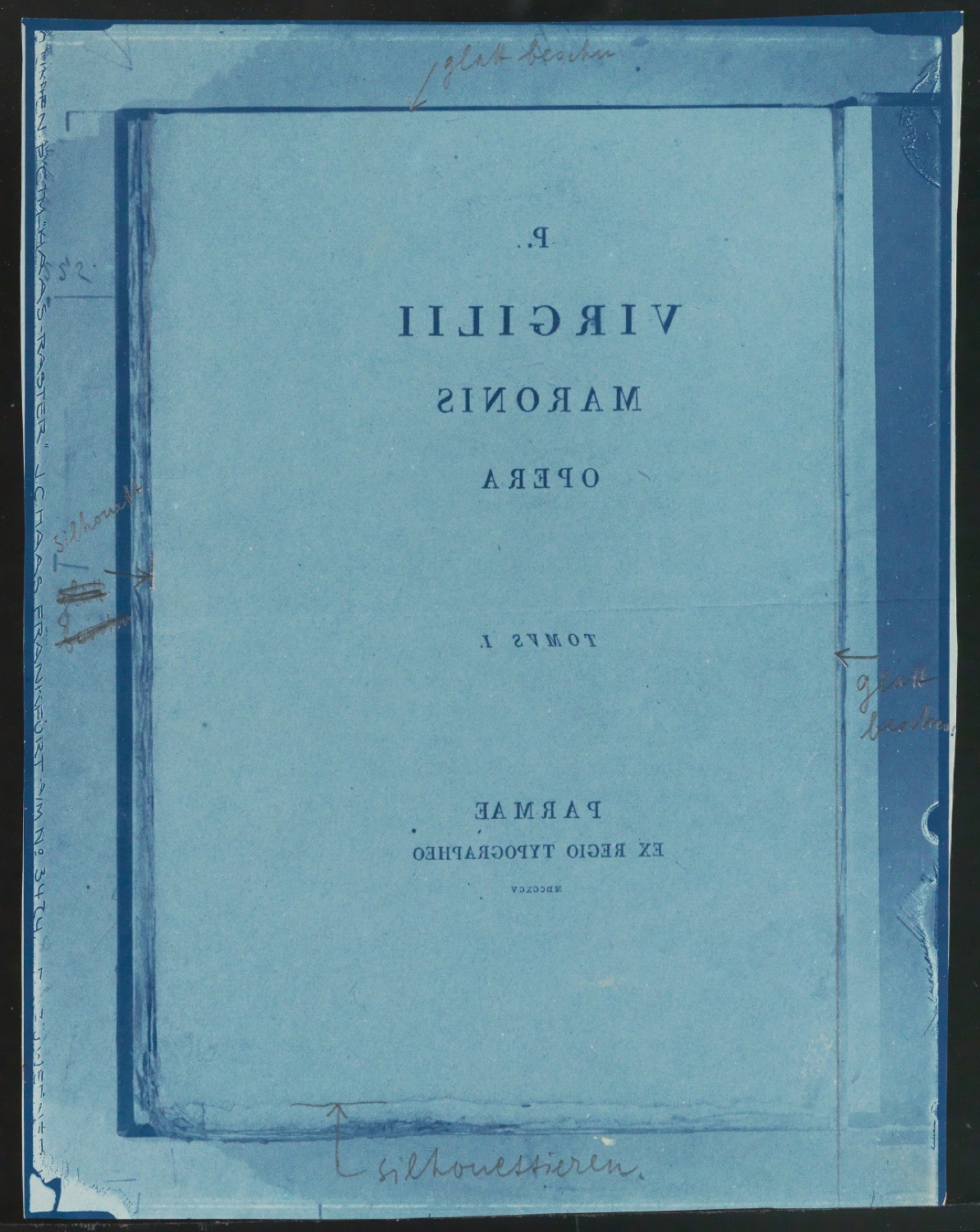 Korrekturfahne eines reproduzierten Bodoni-Buchtitels für Geschichte der Schrift in Bildern, 1. Auflage — Blatt 1