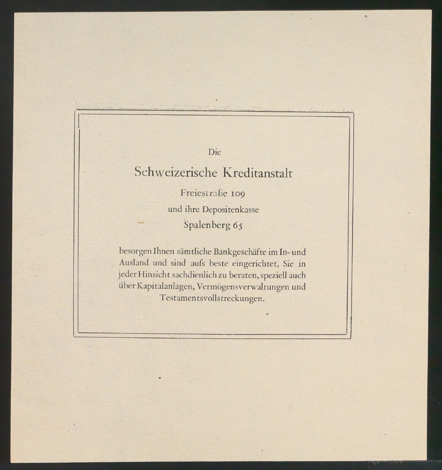 Probedrucke für Zeitungsanzeige Schweizerische Kreditanstalt — Blatt 1