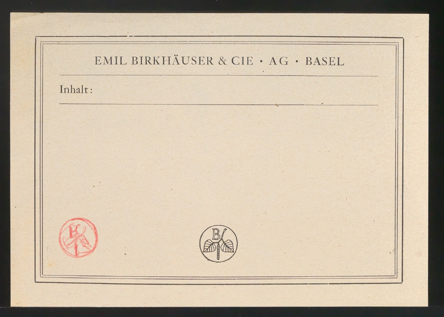 Etikett mit Inhaltszeile für Birkhäuser — Blatt 1