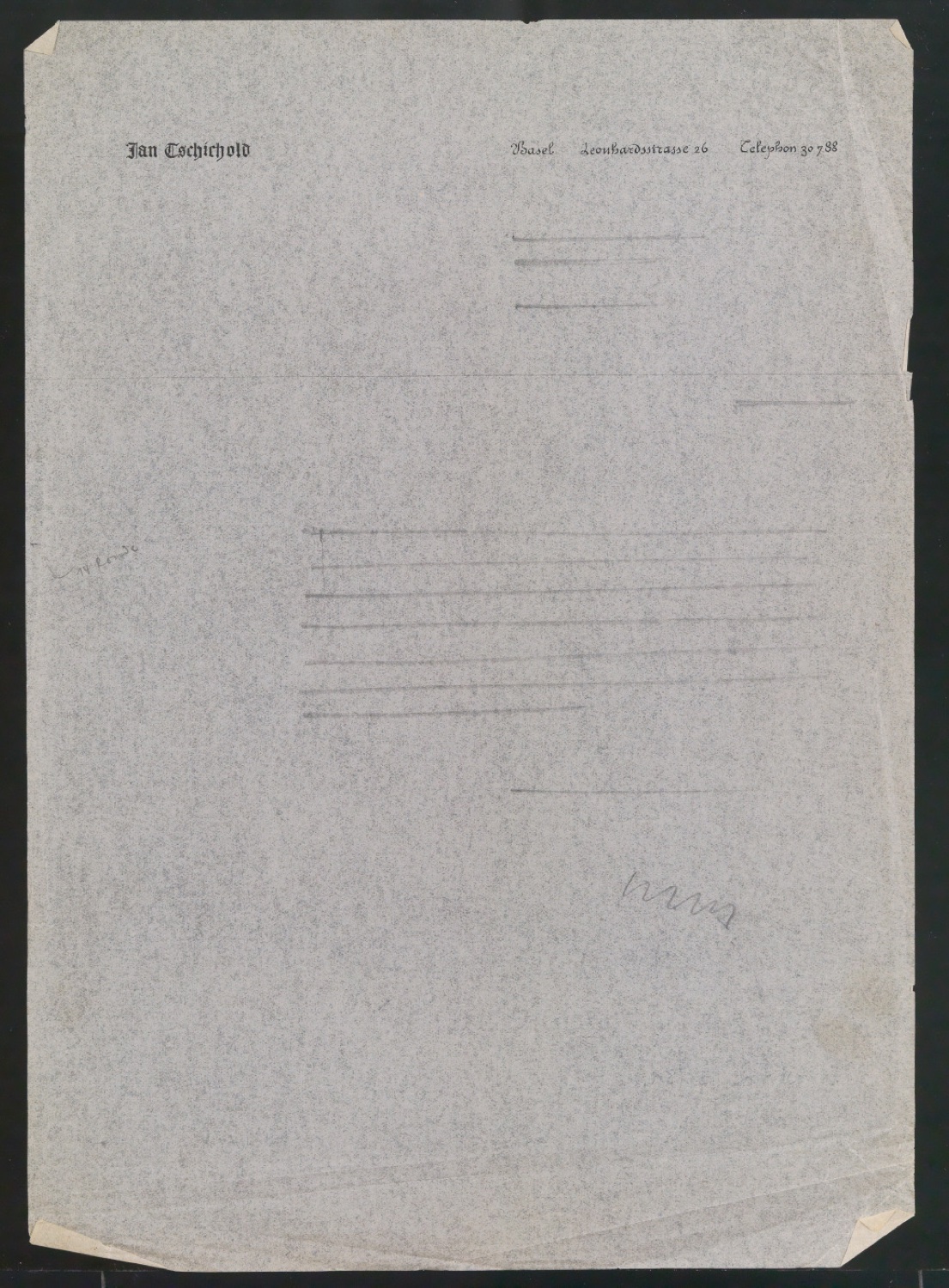Entwurfszeichnung von Briefbogen für Jan Tschichold, Leonhardsstrasse 26 — Blatt 1