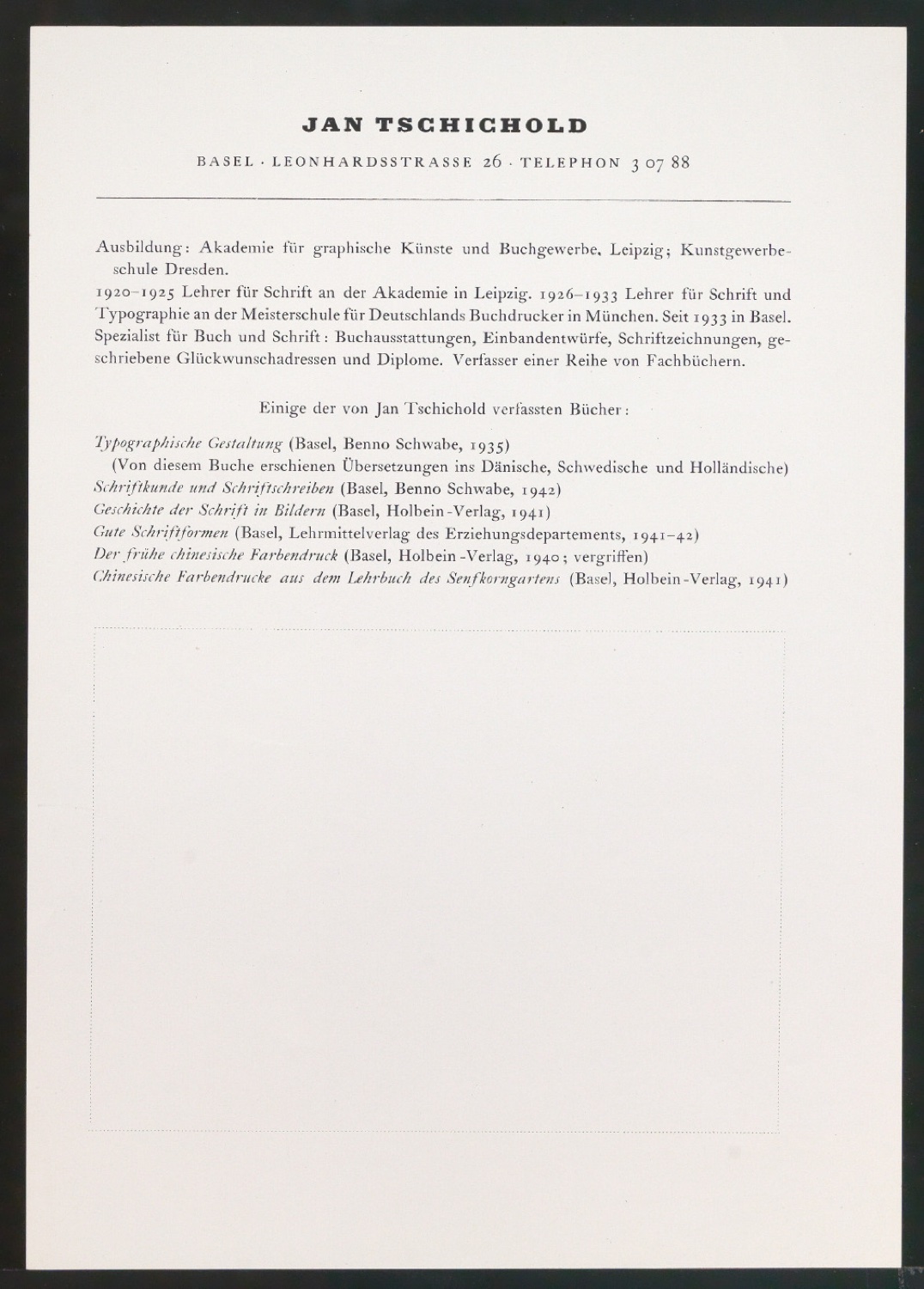 Vita Tschicholds mit einigen von Tschichold verfassten Büchern — Blatt 1