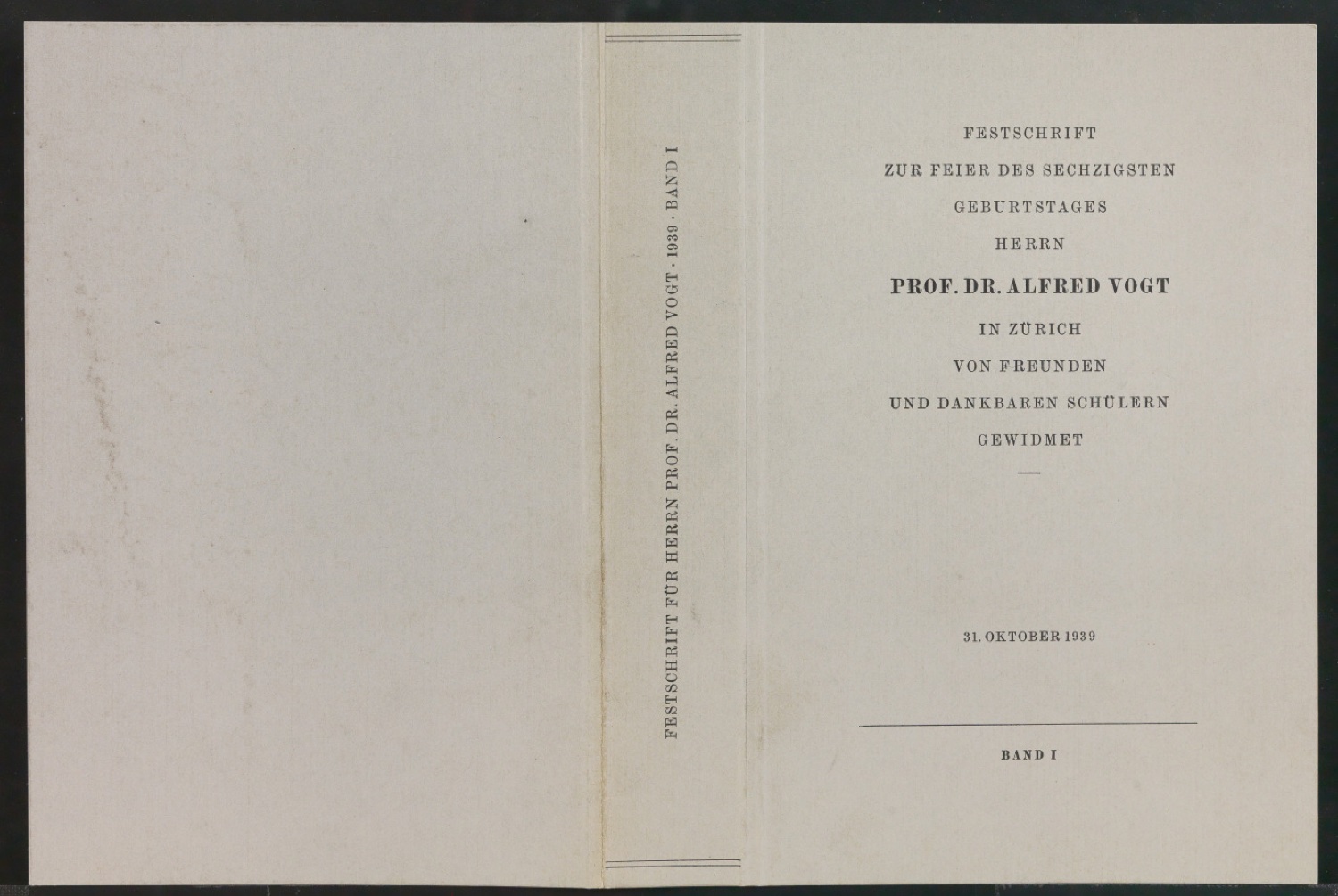 Probedruck für den Umschlag von Festschrift zur Feier des 60. Geburtstages Herrn Prof. Dr. Albert Vogt — Blatt 1