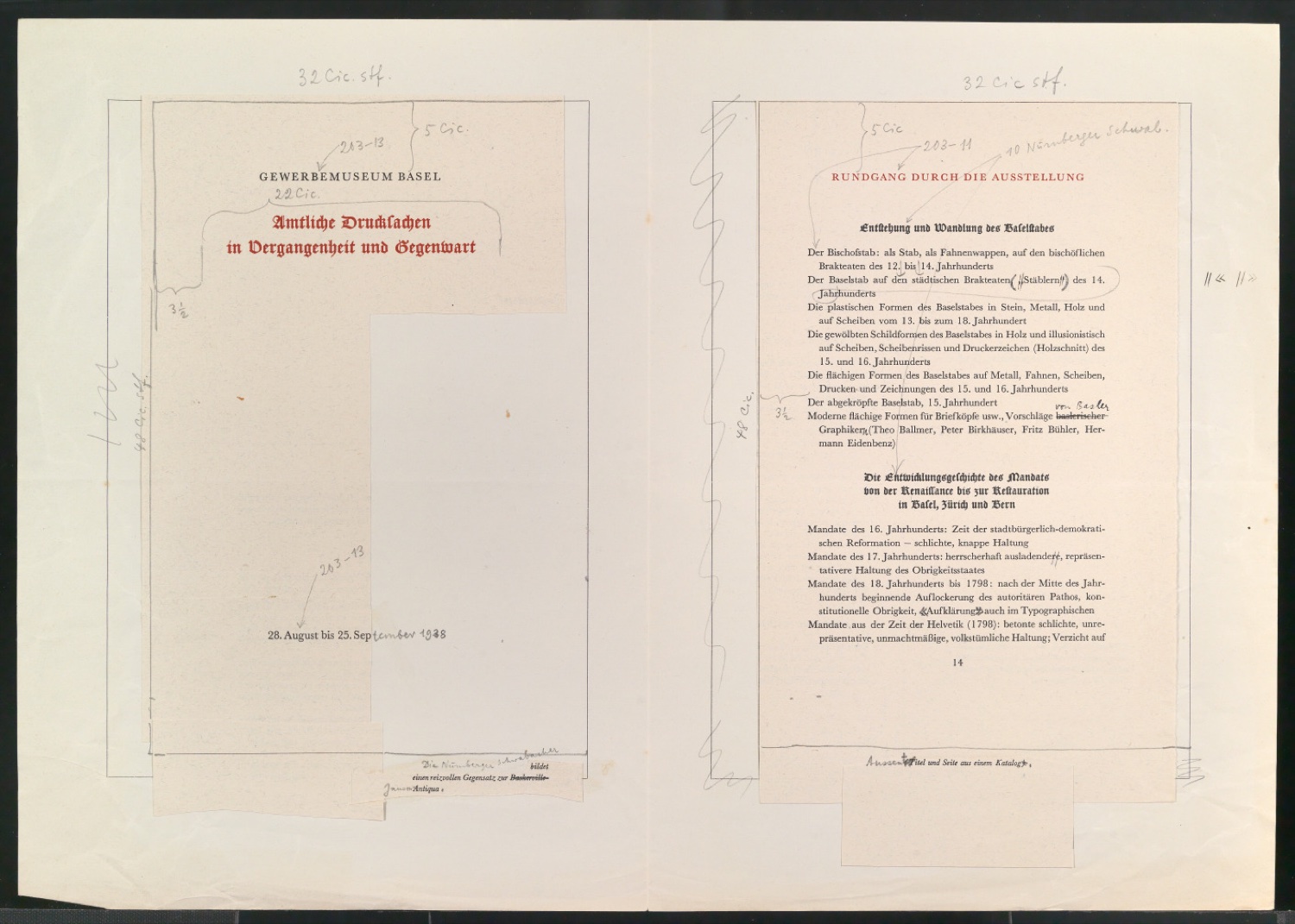 Satzvorlage für Programmheft zur Ausstellung Amtliche Drucksachen in Vergangenheit und Gegenwart — Blatt 1