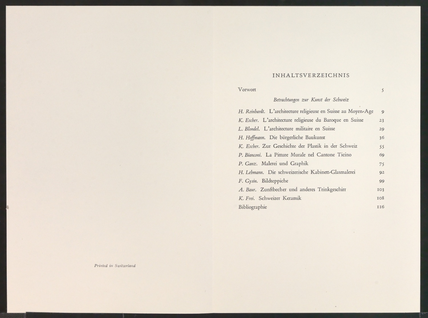 Probedruck für das Titelblatt und Inhaltsverzeichnis von Betrachtungen zur Kunst der Schweiz — Blatt 2