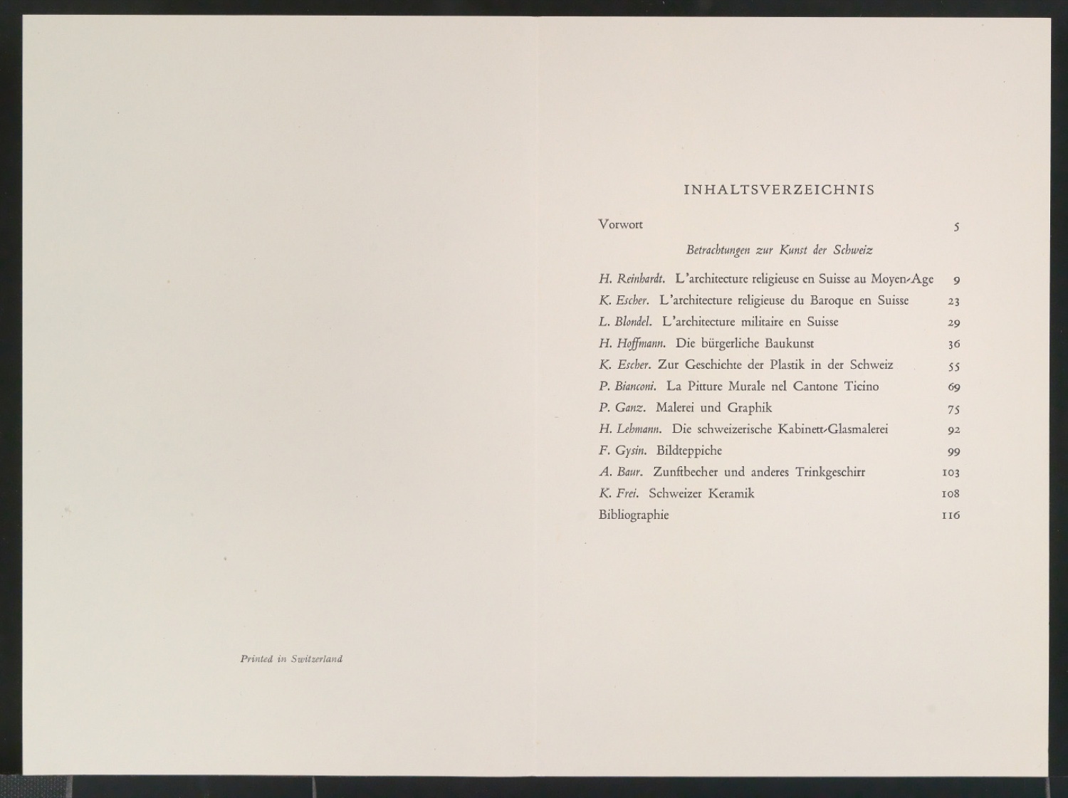 Probedruck für das Titelblatt und Inhaltsverzeichnis von Betrachtungen zur Kunst der Schweiz — Blatt 2