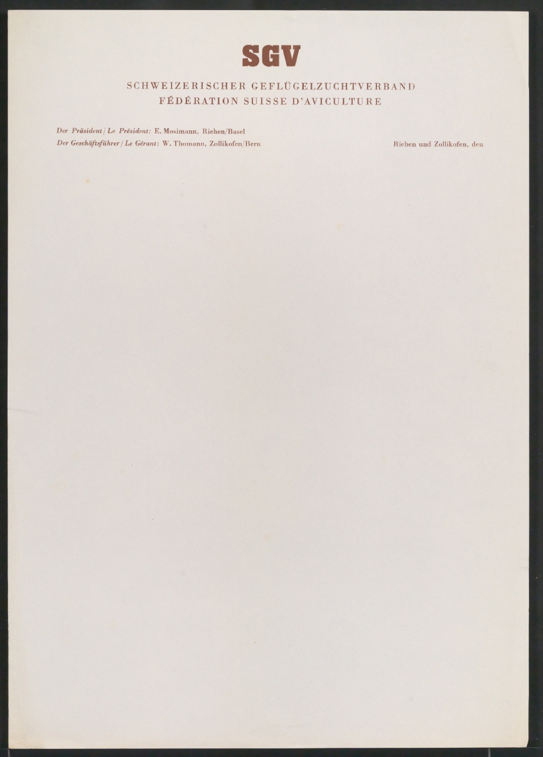 Briefbogen und Briefumschlag für Schweizerischer Geflügelzuchtverband — Blatt 1
