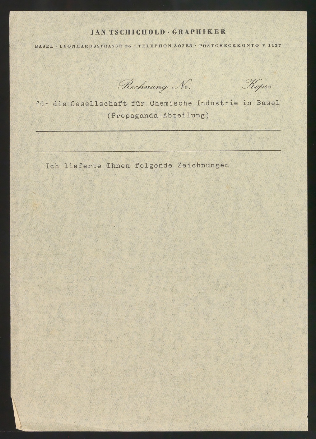 Rechnungsvordruck Jan Tschichold - Graphiker — Blatt 1
