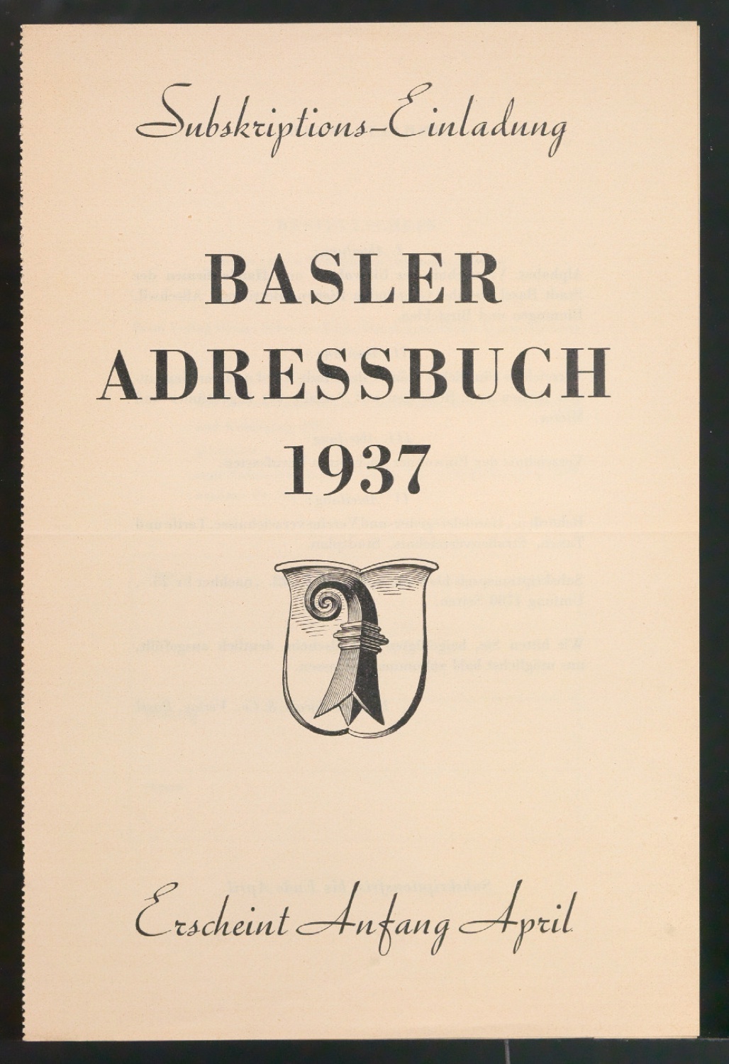 Einladung zur Subskription und Bestellschein für Baseler Adressbuch 1937 — Blatt 1