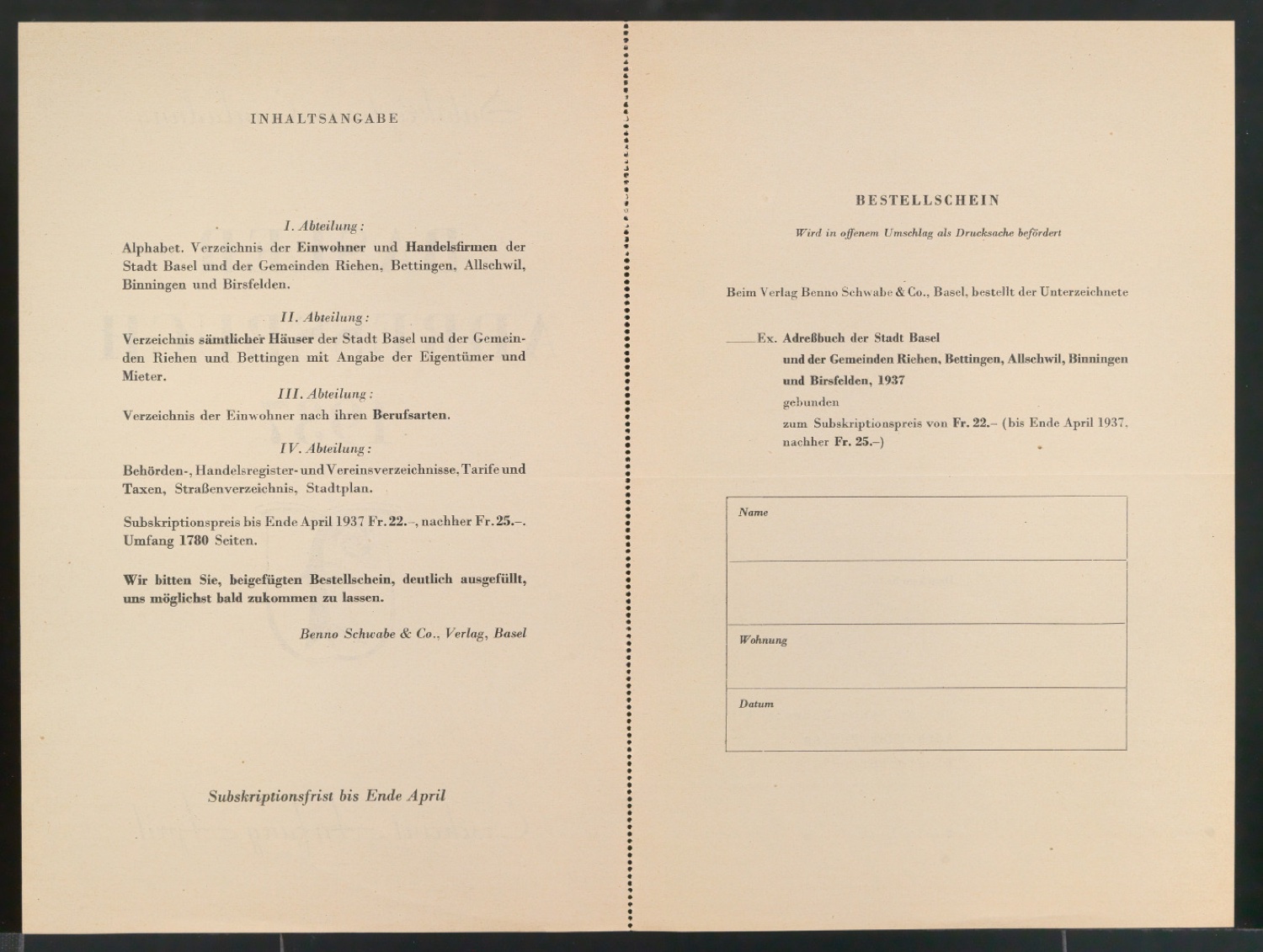 Einladung zur Subskription und Bestellschein für Baseler Adressbuch 1937 — Blatt 2