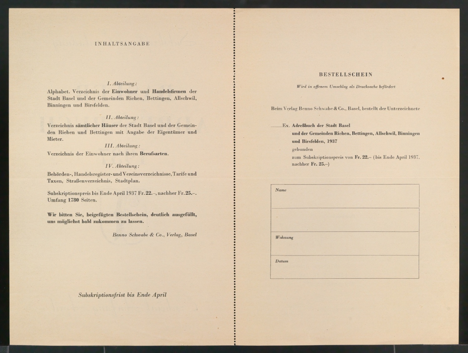 Einladung zur Subskription und Bestellschein für Baseler Adressbuch 1937 — Blatt 5
