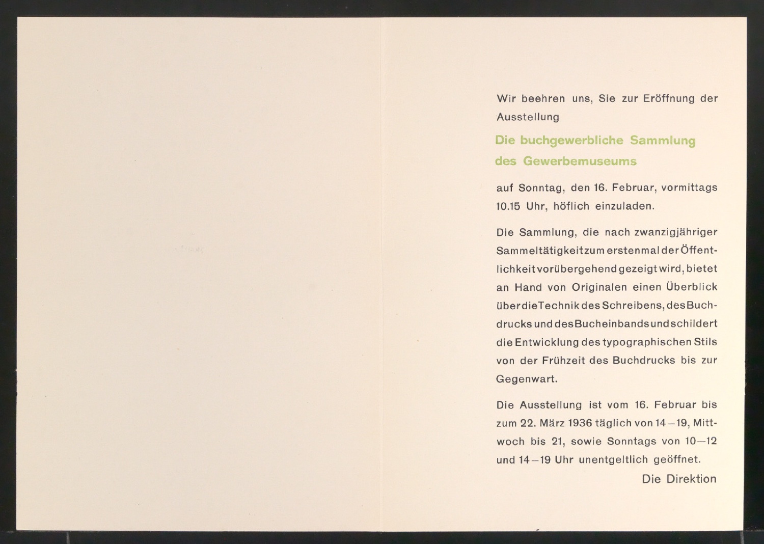 Einladungskarte zur Ausstellungseröffnung Die buchgewerbliche Sammlung des Gewerbemuseums Basel — Blatt 2