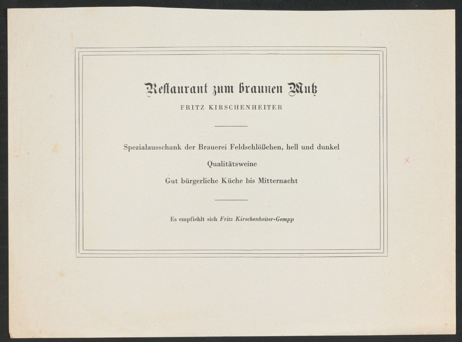 Reprint einer Anzeige für Restaurant zum braunen Mutz Basel — Blatt 1