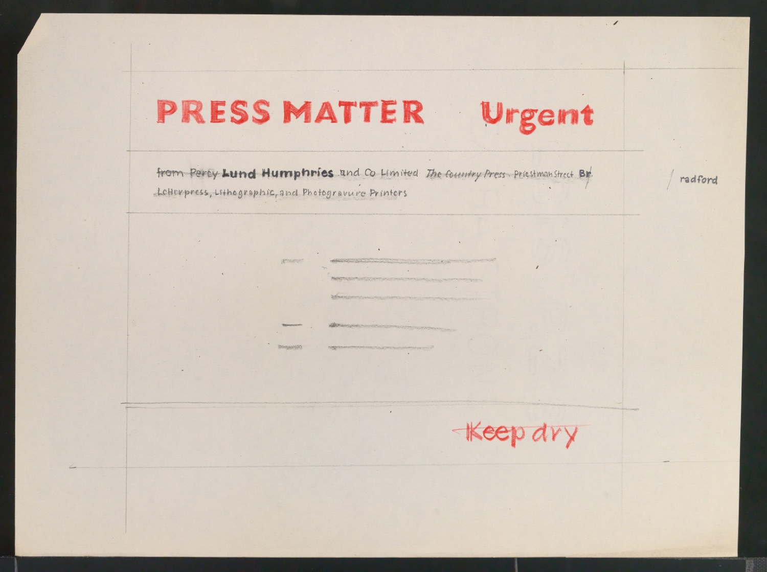 Entwurfszeichnung von Adressetikett Press Matter Urgent — Blatt 1