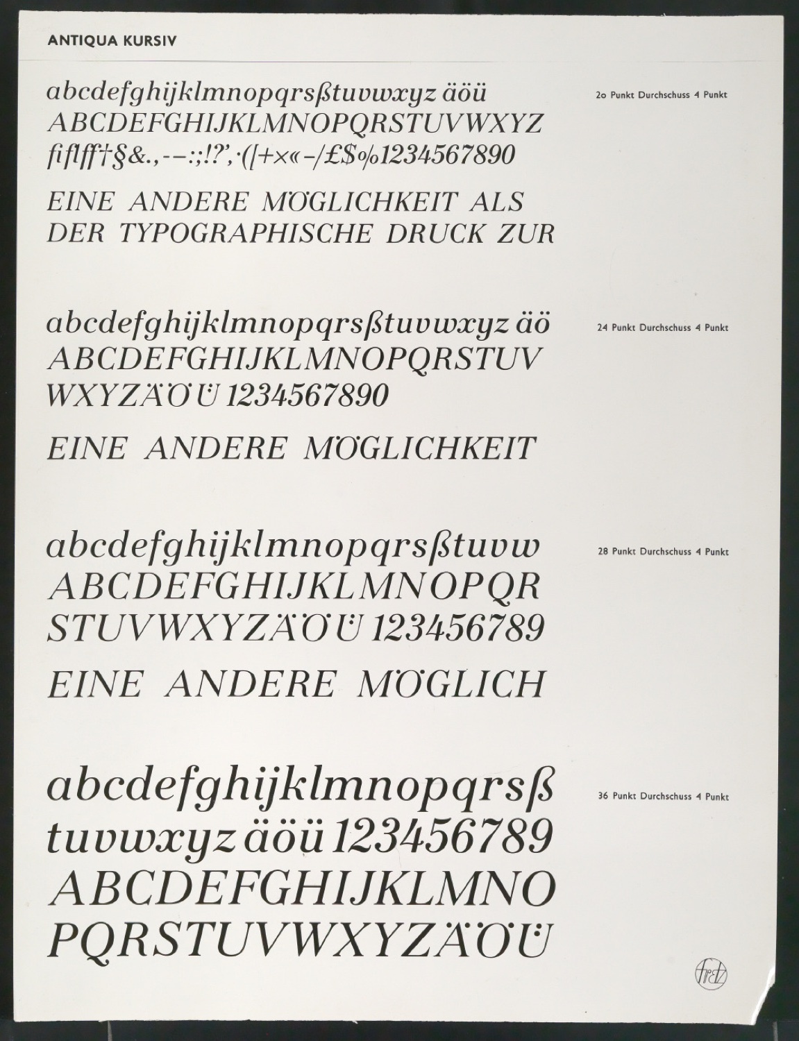 Montierte Kontaktabzüge Antiqua kursiv für Uhertype Prospekt — Blatt 1