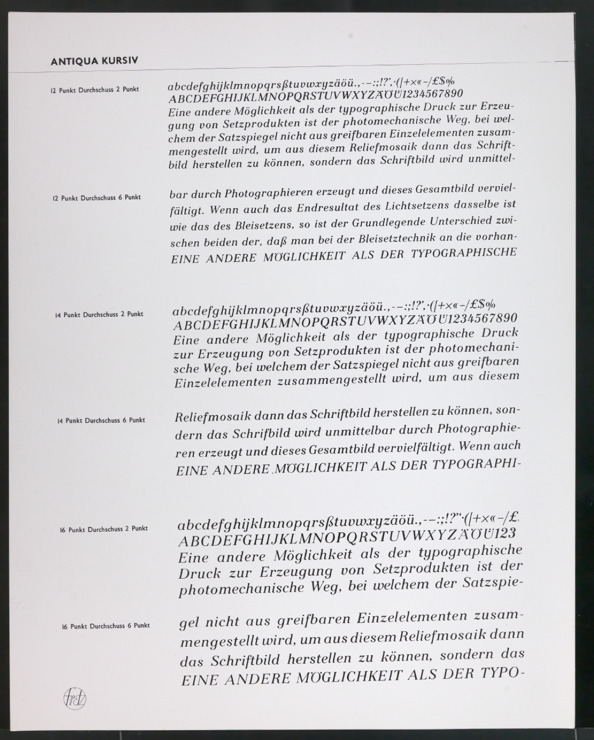 Kontaktabzüge Antiqua kursiv für Uhertype Prospekt — Blatt 1