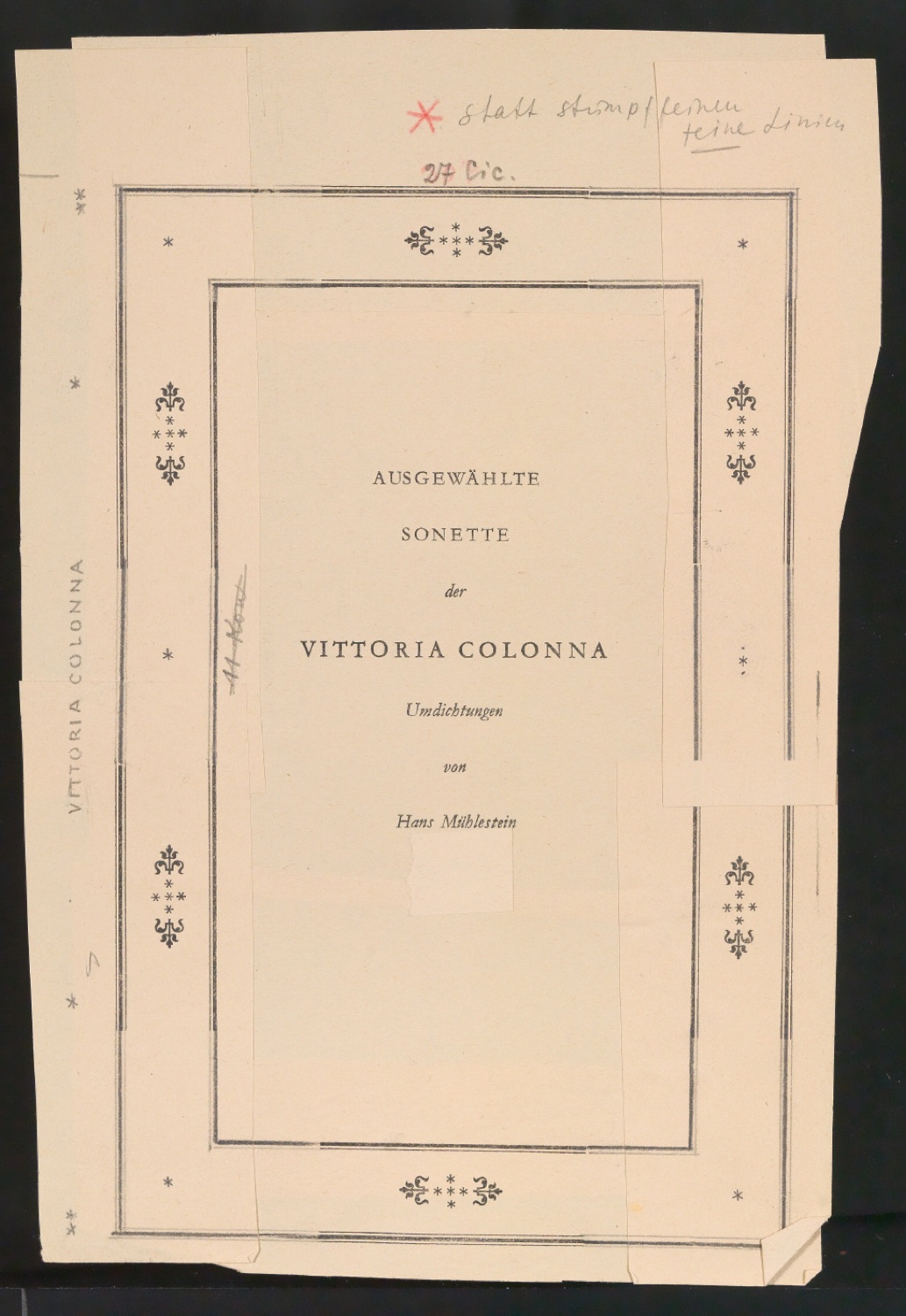 Entwurfscollage für den Schutzumschlag von Ausgewählte Sonette der Vittoria Colonna — Blatt 1