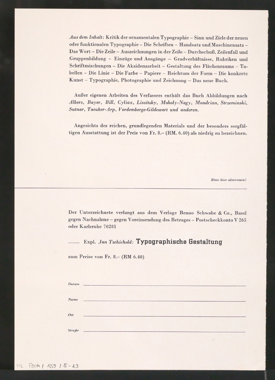 Probedrucke von Bestellscheinen für Typographische Gestaltung — Blatt 3