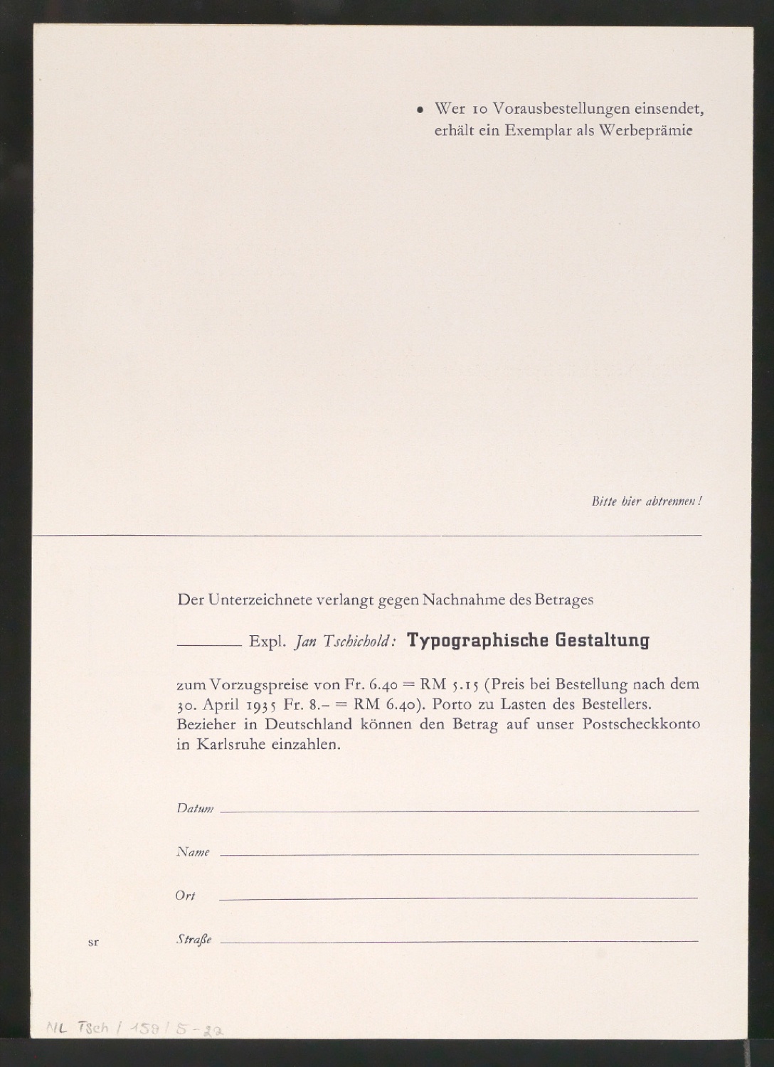 Probedrucke von Bestellscheinen für Typographische Gestaltung — Blatt 7