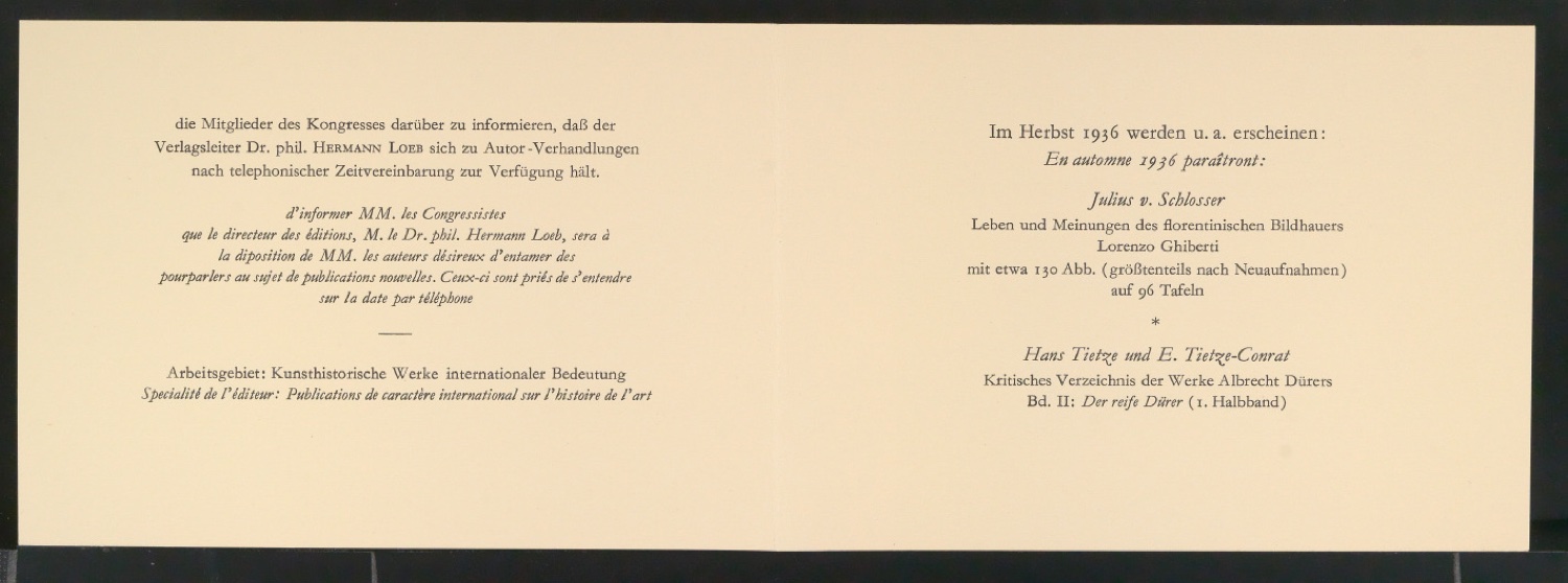 Empfehlungskarte Der Holbein-Verlag Basel beehrt sich die Mitglieder des Kongresses darüber zu informieren — Blatt 2