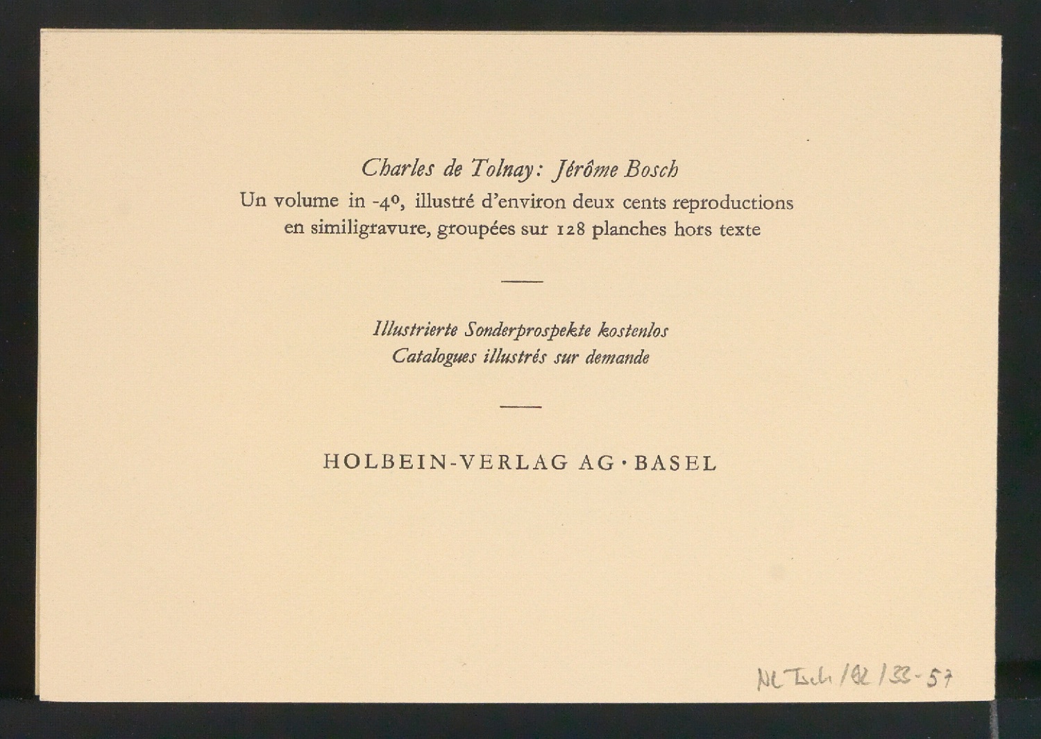 Empfehlungskarte Der Holbein-Verlag Basel beehrt sich die Mitglieder des Kongresses darüber zu informieren — Blatt 3