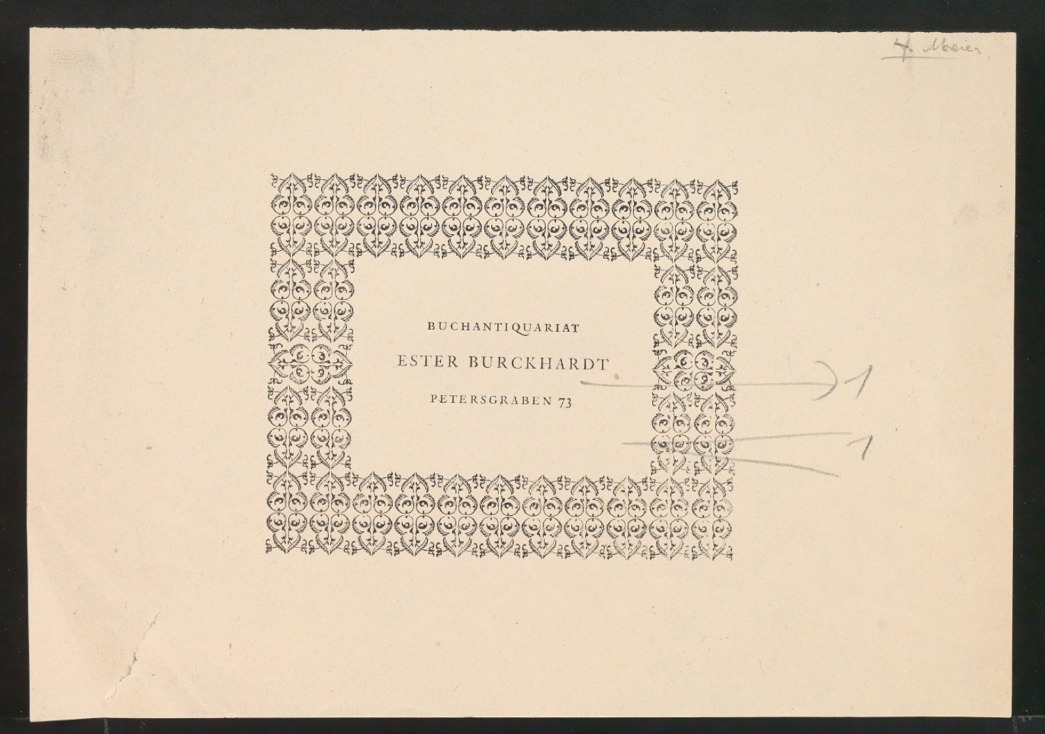 Korrigierter Probedruck von Anzeige für Buchantiquariat Ester Burckhardt — Blatt 1