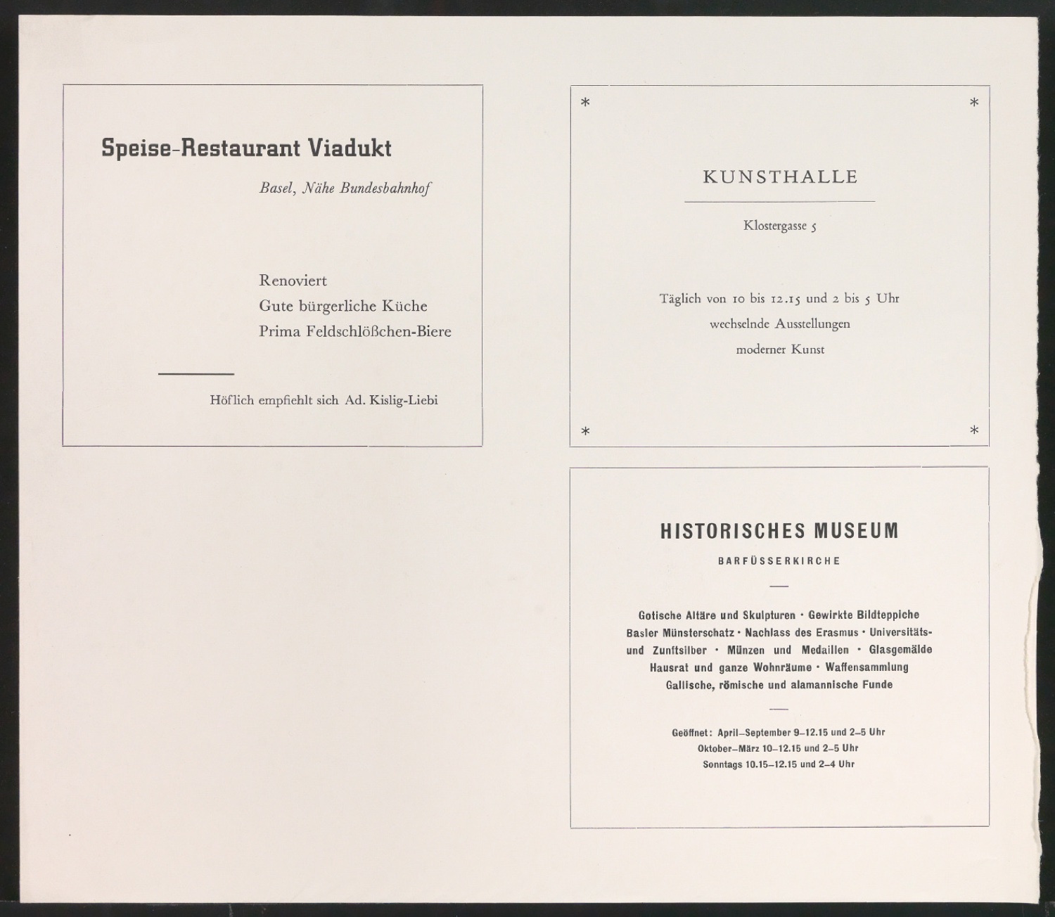Anzeigen für Kunsthalle Basel, Historisches Museum Basel und Speise-Restaurant Viadukt — Blatt 1