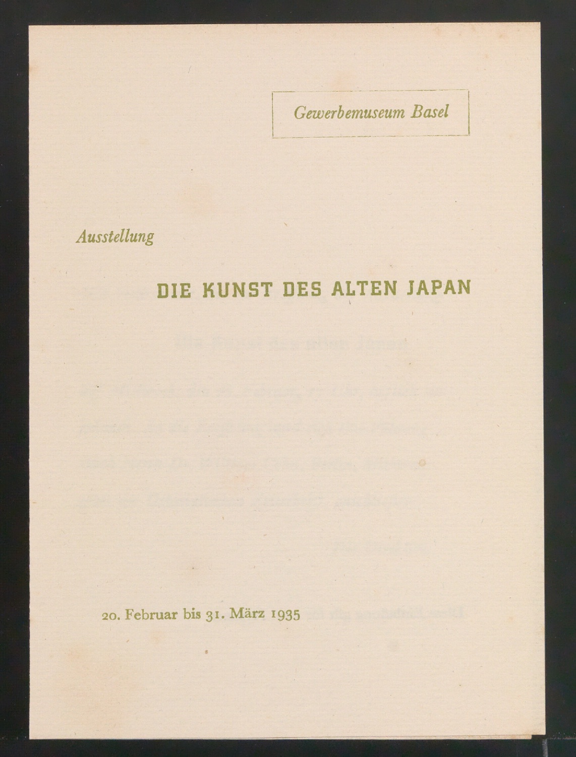 Einladungskarte zur Ausstellungseröffnung Die Kunst des alten Japan — Blatt 1