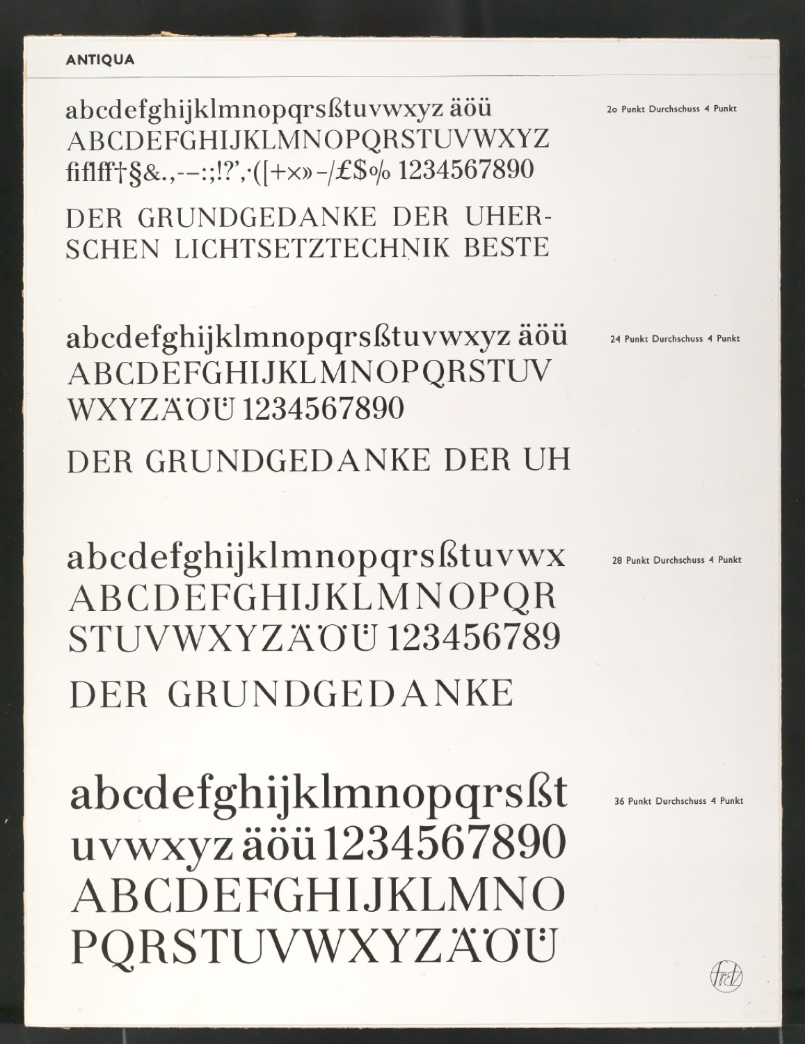 Montierte Kontaktabzüge Antiqua für Uhertype Prospekt — Blatt 1