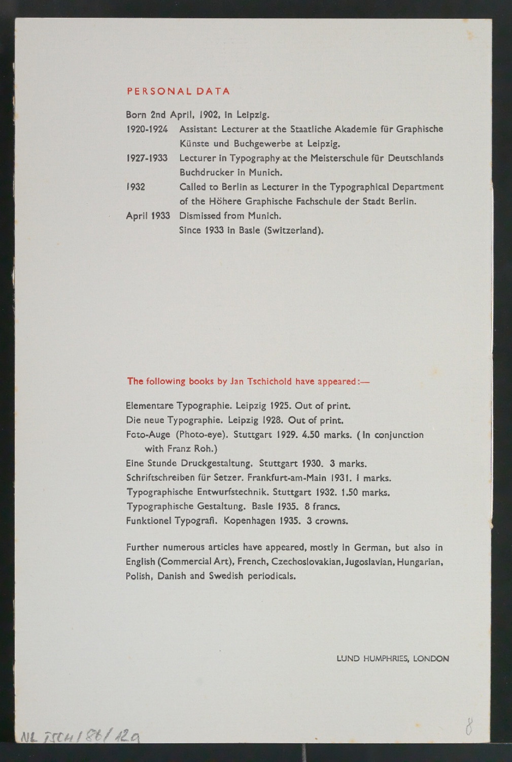 Typographical Works of Jan Tschichold — Blatt 5