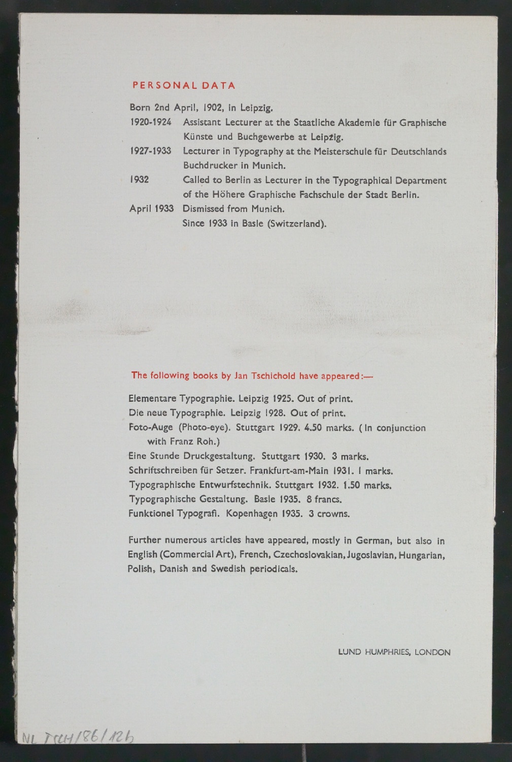 Typographical Works of Jan Tschichold — Blatt 10
