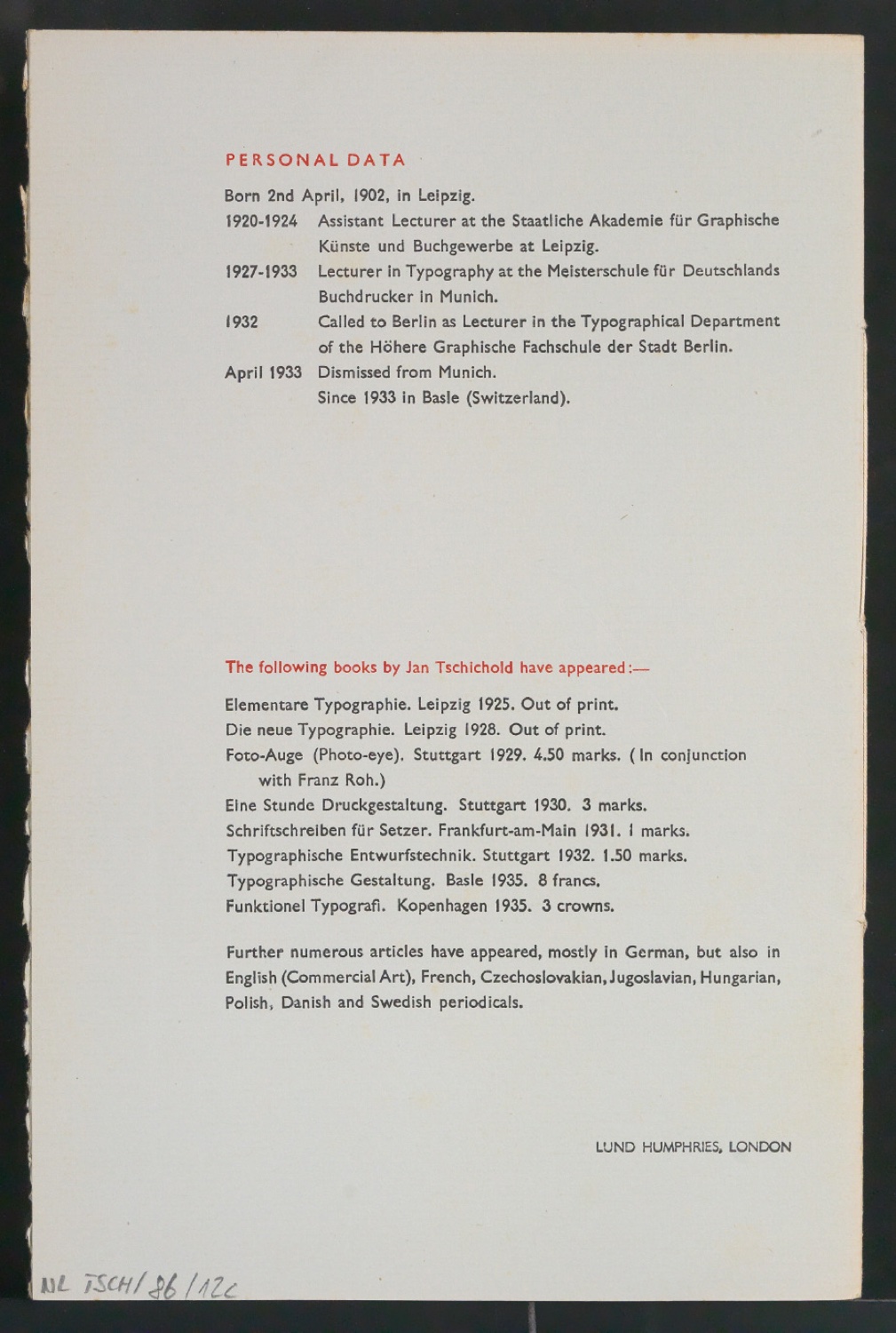 Typographical Works of Jan Tschichold — Blatt 15