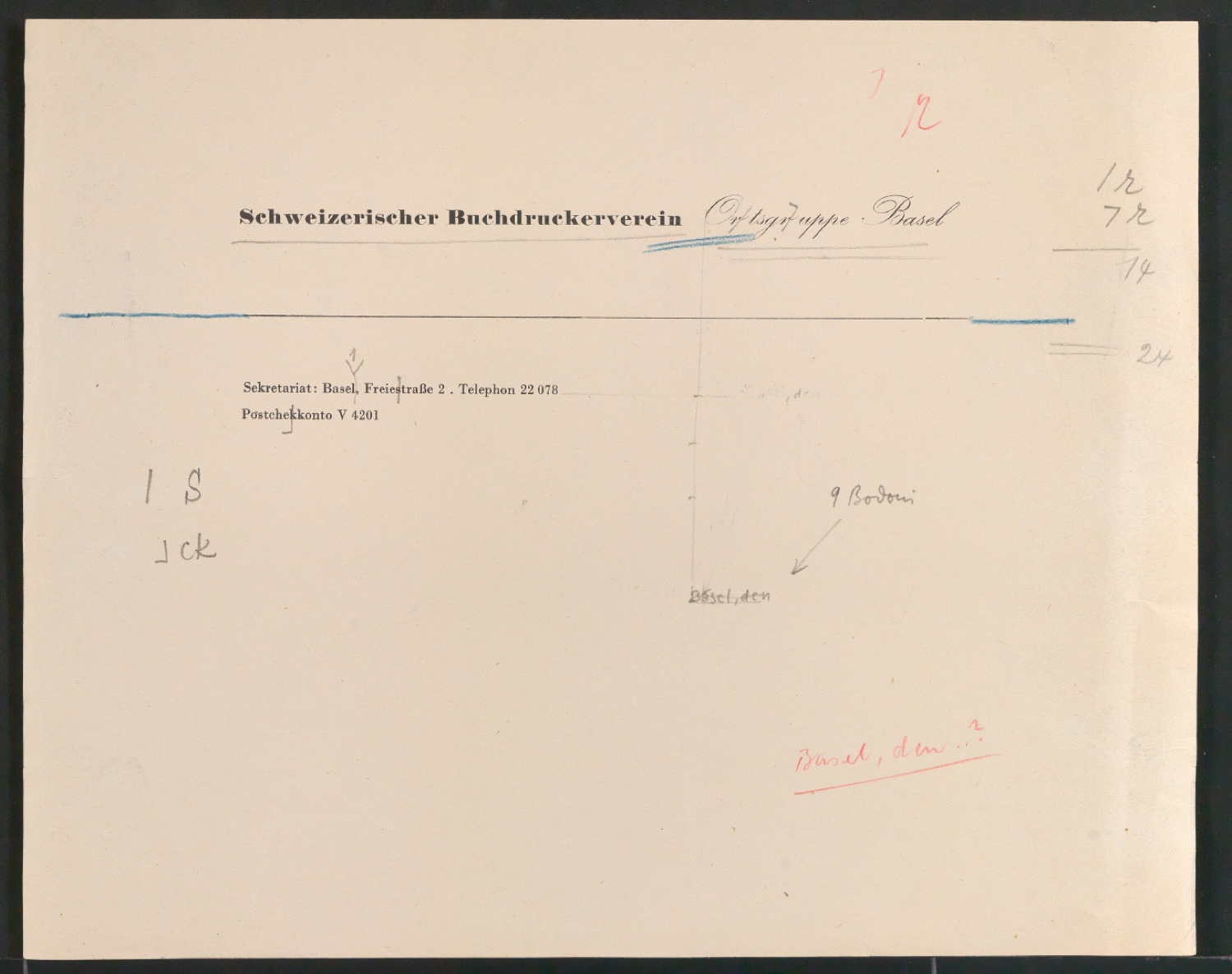 Entwurf und Probedrucke von Briefbogen für Schweizerischer Buchdruckerverein Ortsgruppe Basel — Blatt 3