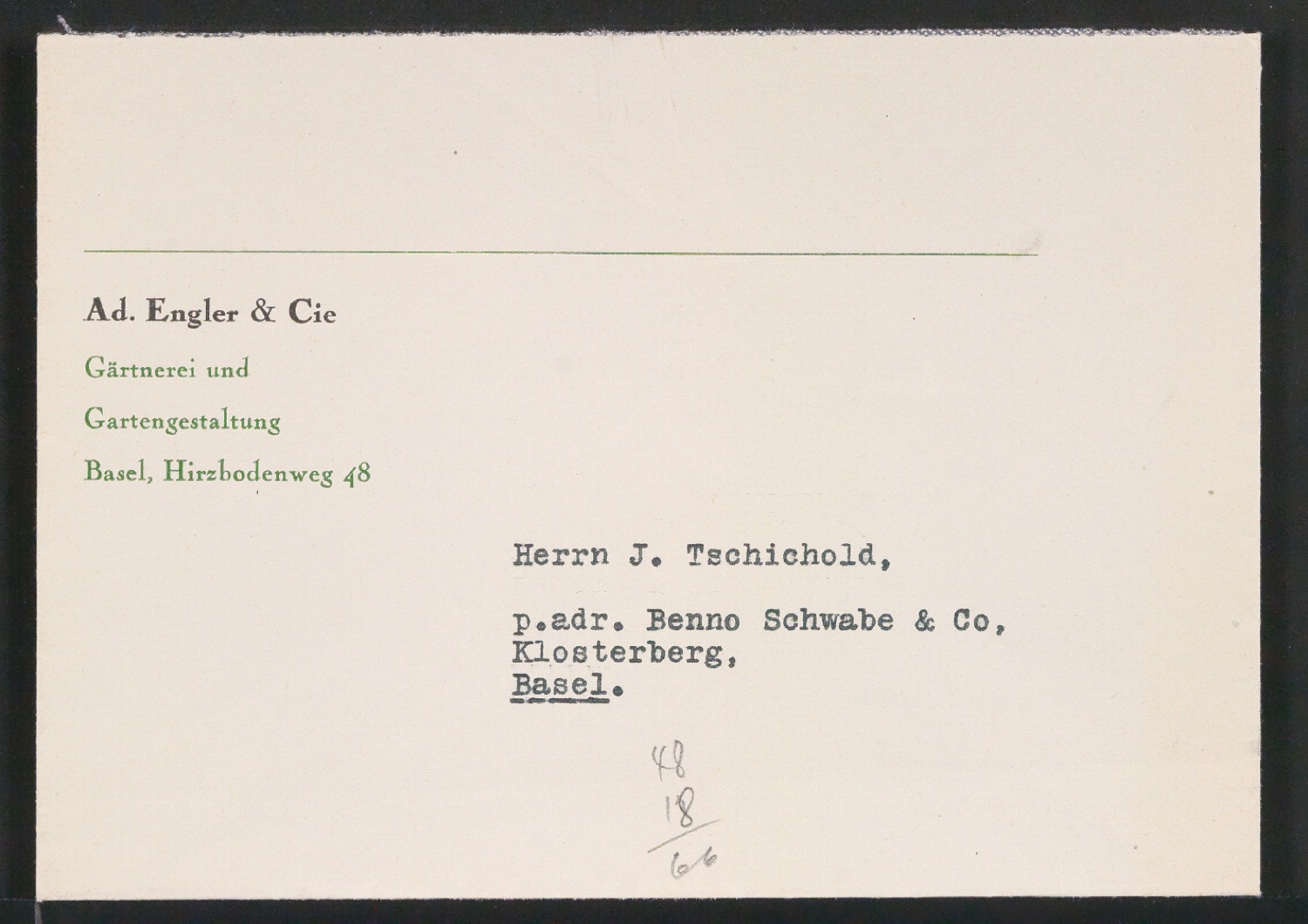 Briefbogen, Rechnungsvordruck und Briefumschläge für Ad. Engler & Cie — Blatt 1