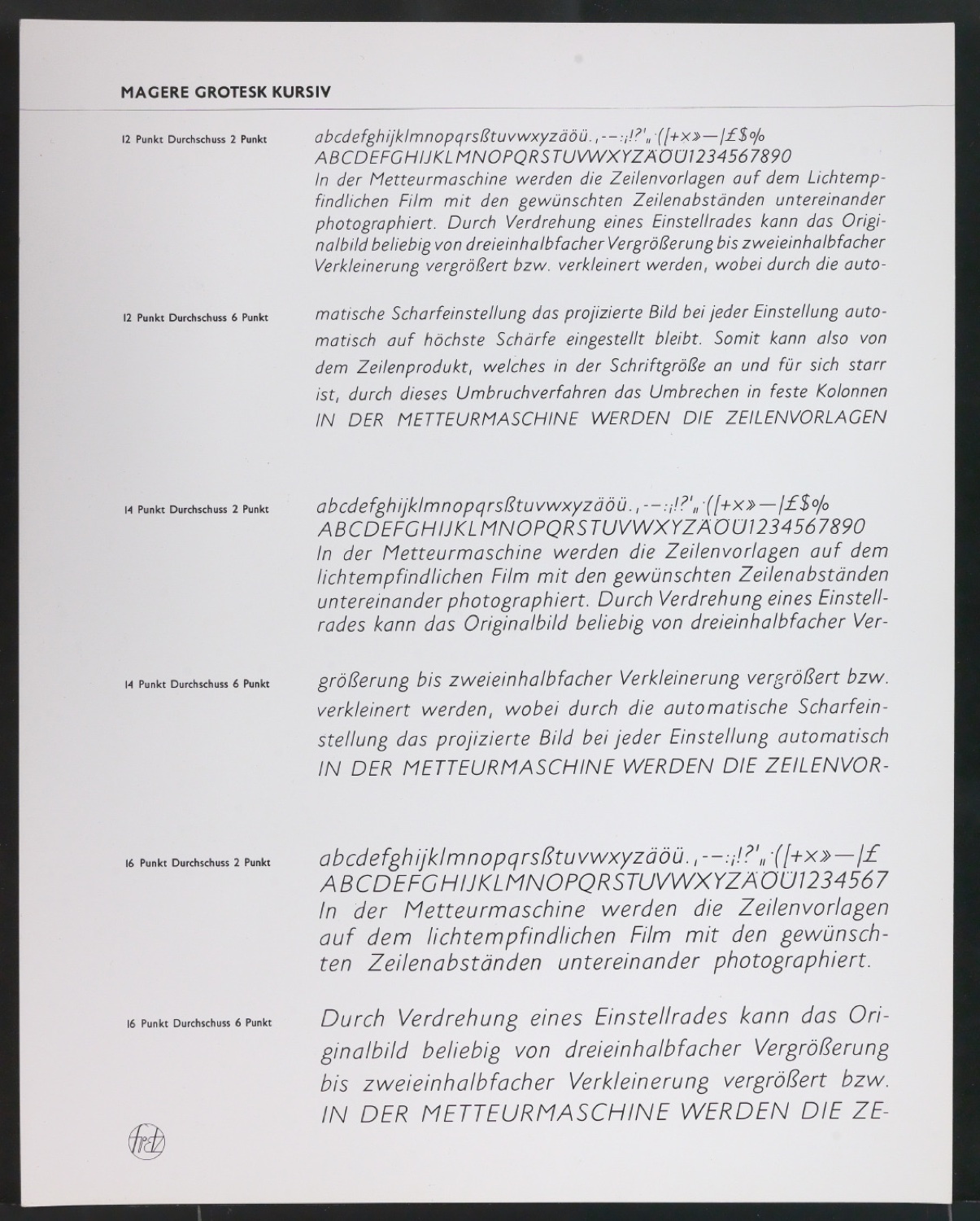 Kontaktabzüge Magere Grotesk Kursiv für Uhertype Prospekt — Blatt 1