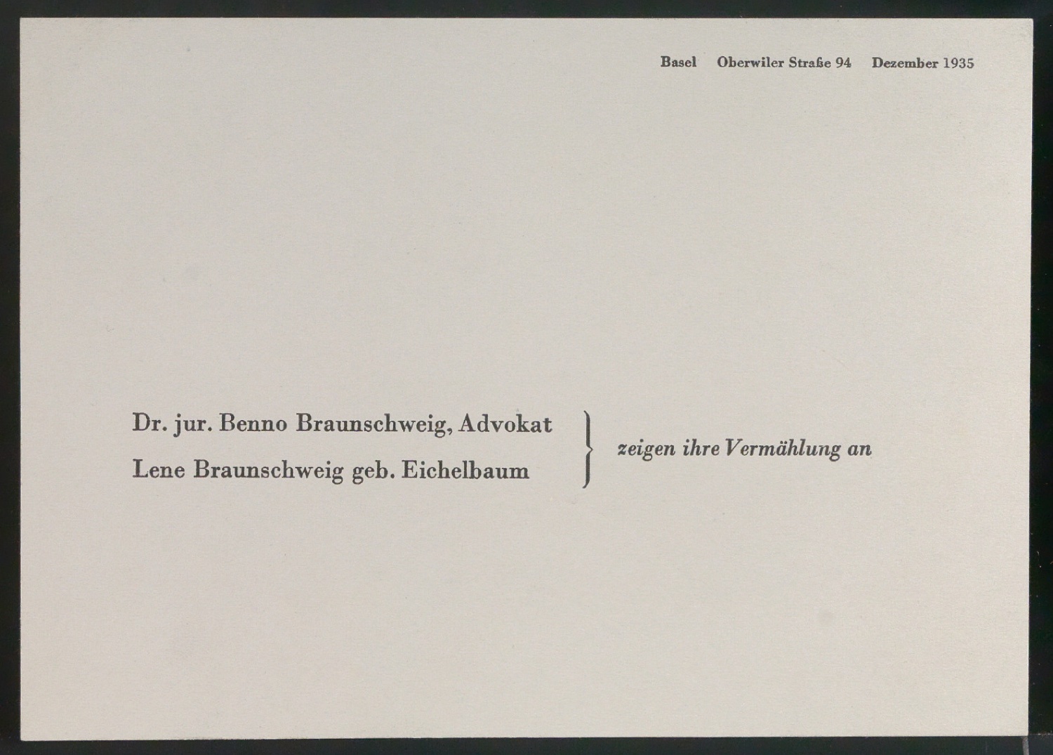Verlobungskarte von Dr. Benno Braunschweig und Lene Braunschweig — Blatt 1