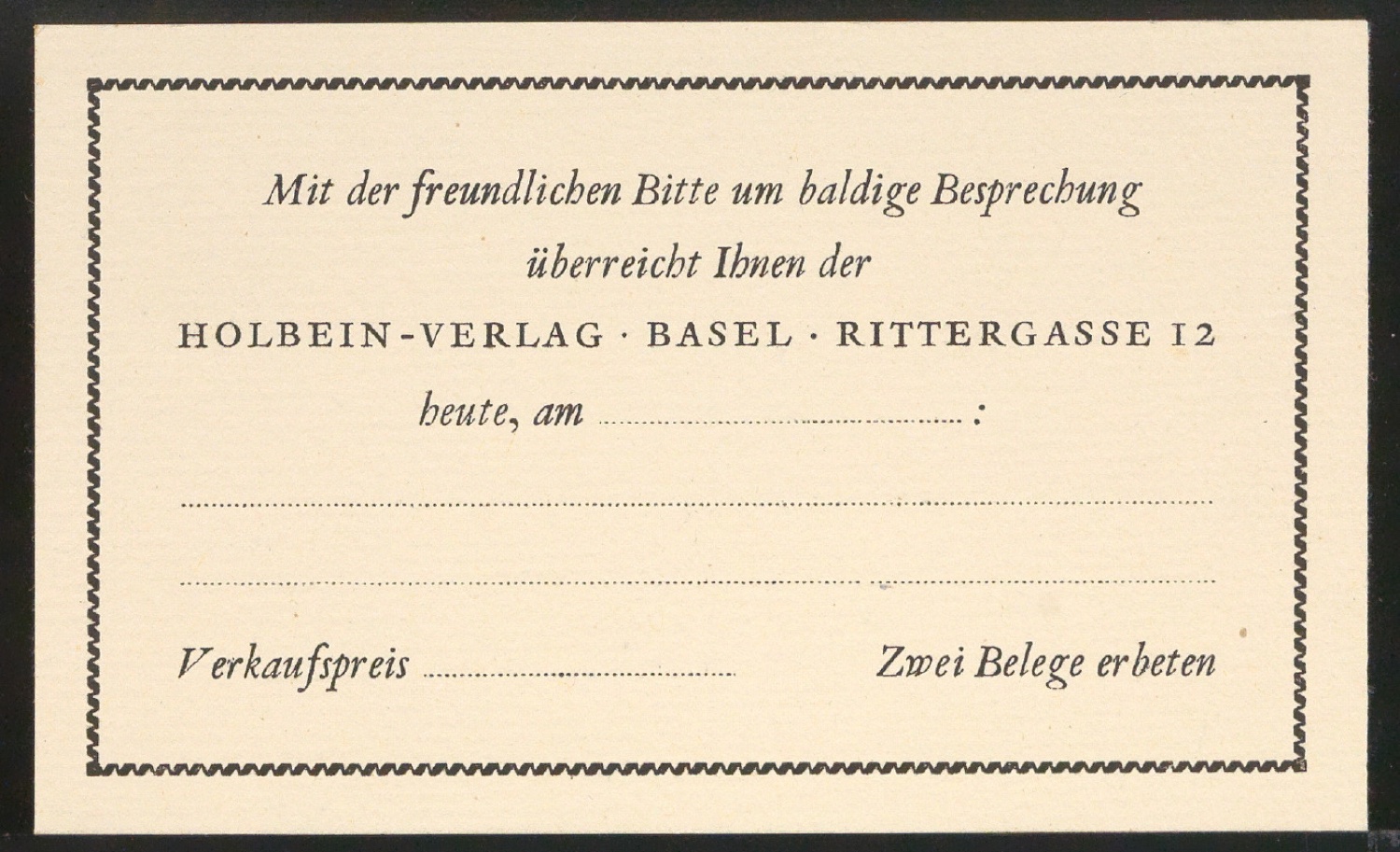 Empfehlungskarte für den Holbein Verlag — Blatt 1