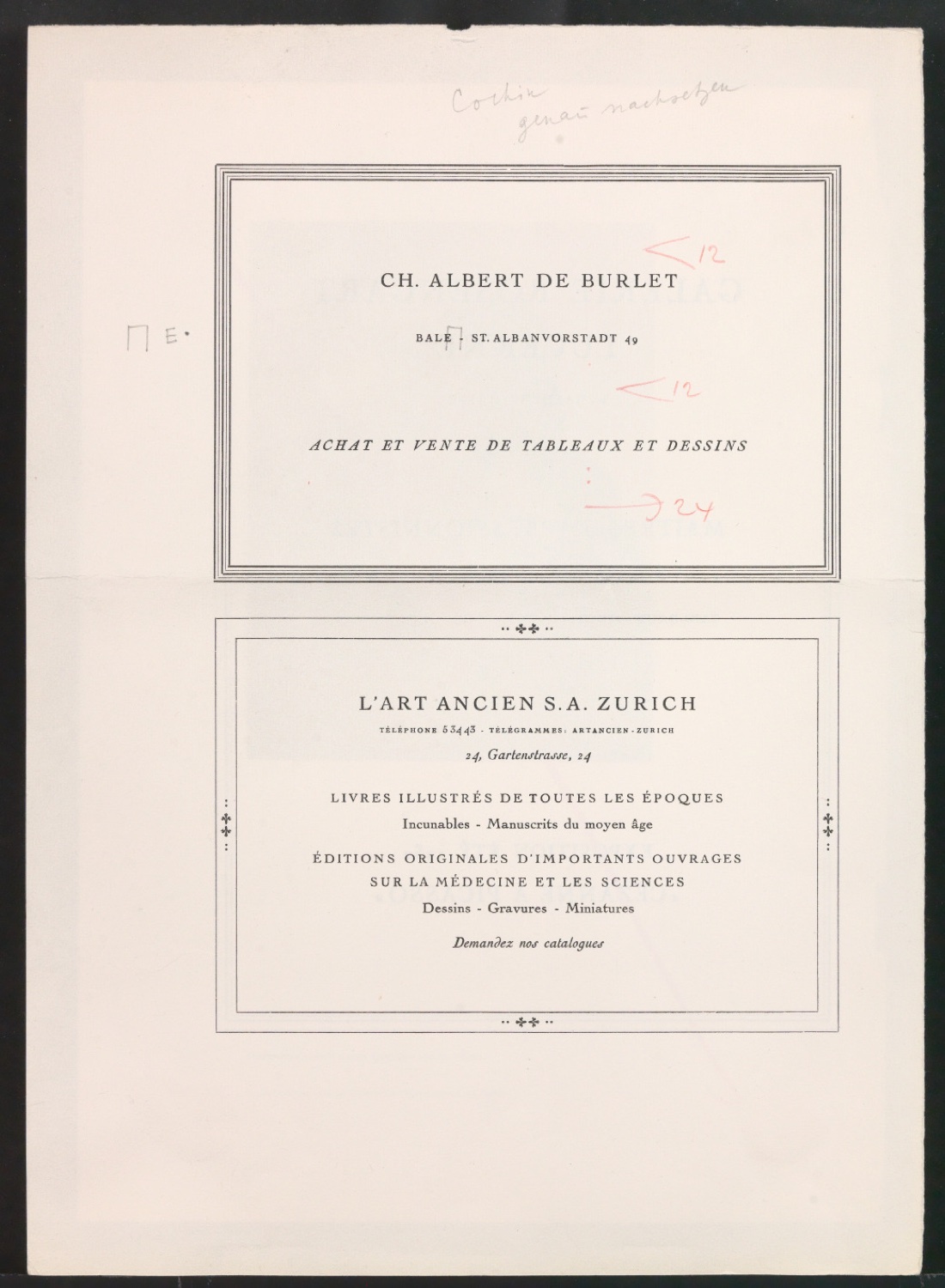 Anzeigen für Albert de Burlet und L'art anciens s.a. Zürich — Blatt 1