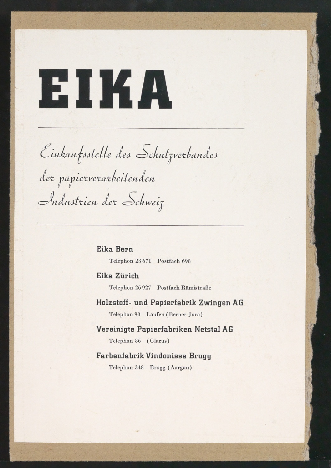 Anzeige für Eika, der Einkaufsstelle des Schutzverbandes der papierverarbeitenden Industrien der Schweiz — Blatt 1