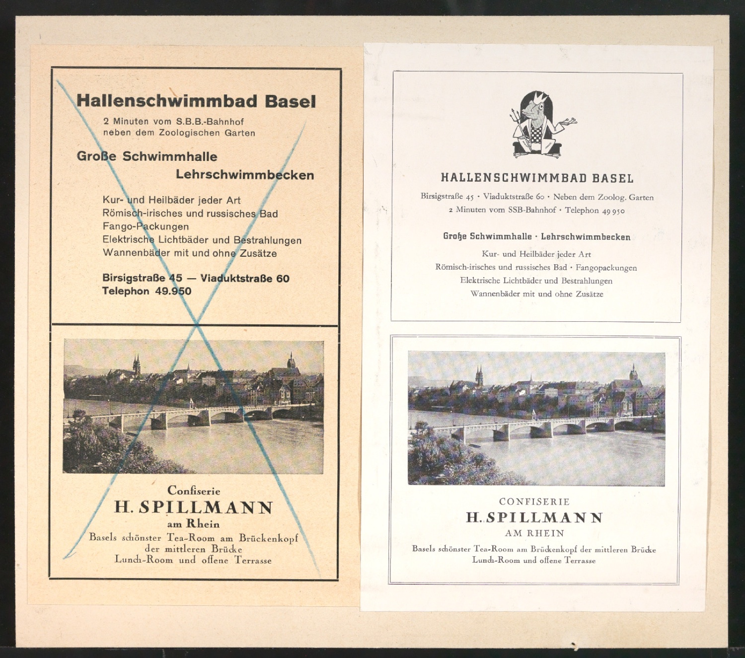 Anzeigen für Hallenschwimmbad Basel und Confisserie H. Spillmann — Blatt 1