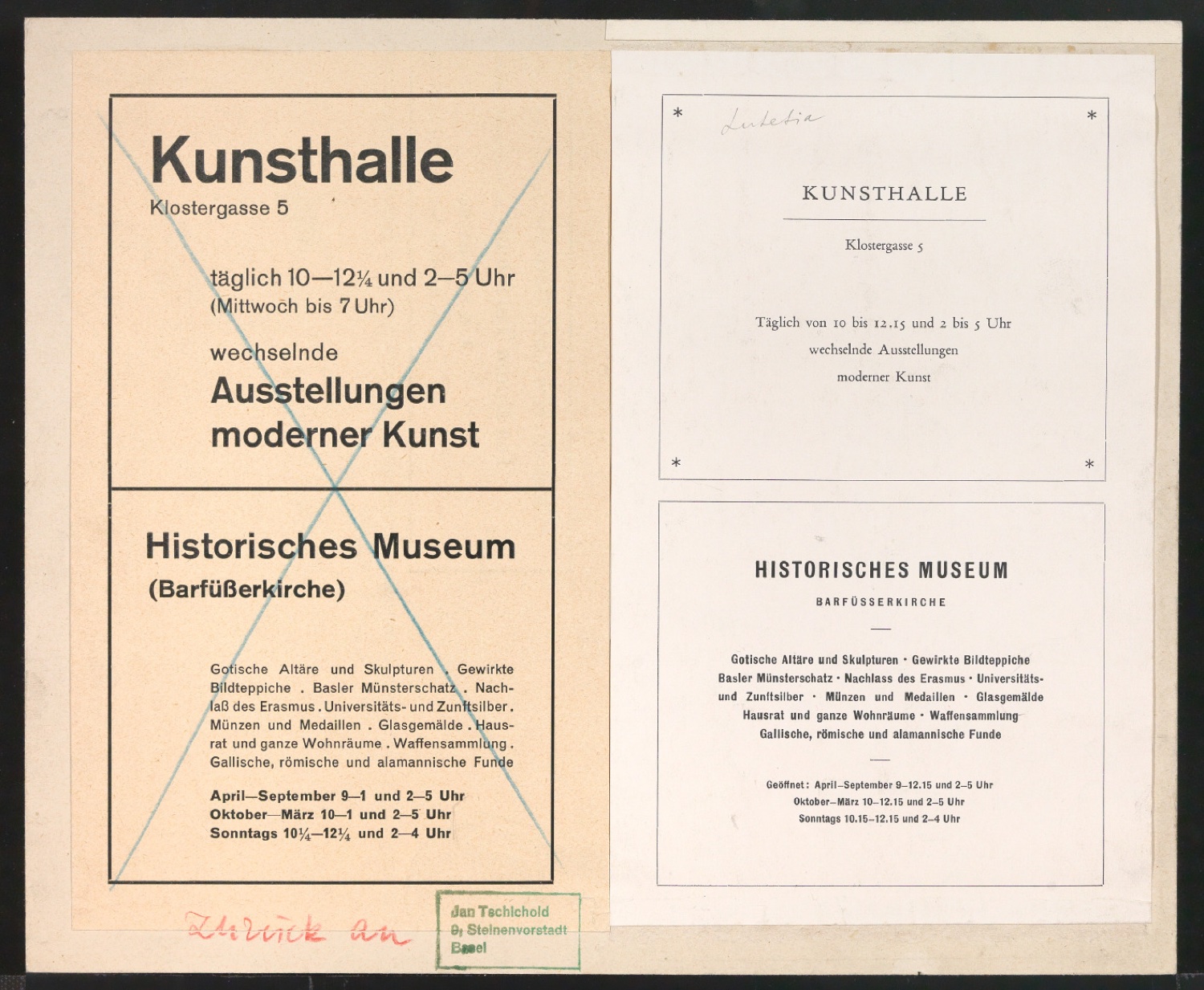 Anzeigen für Kunsthalle Basel und Historisches Museum Basel — Blatt 1