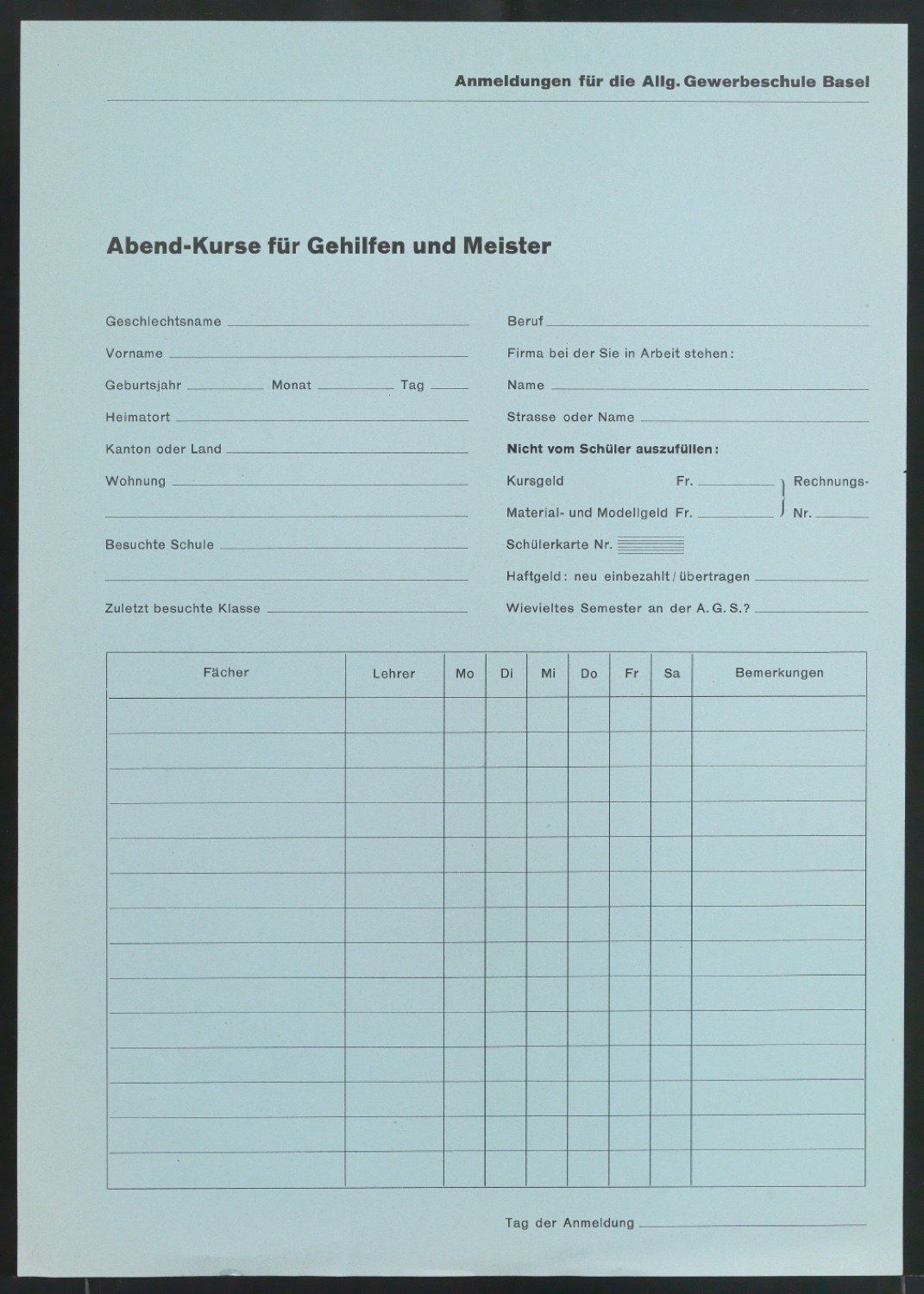 Vordrucke für Allgemeine Gewerbeschule — Blatt 8