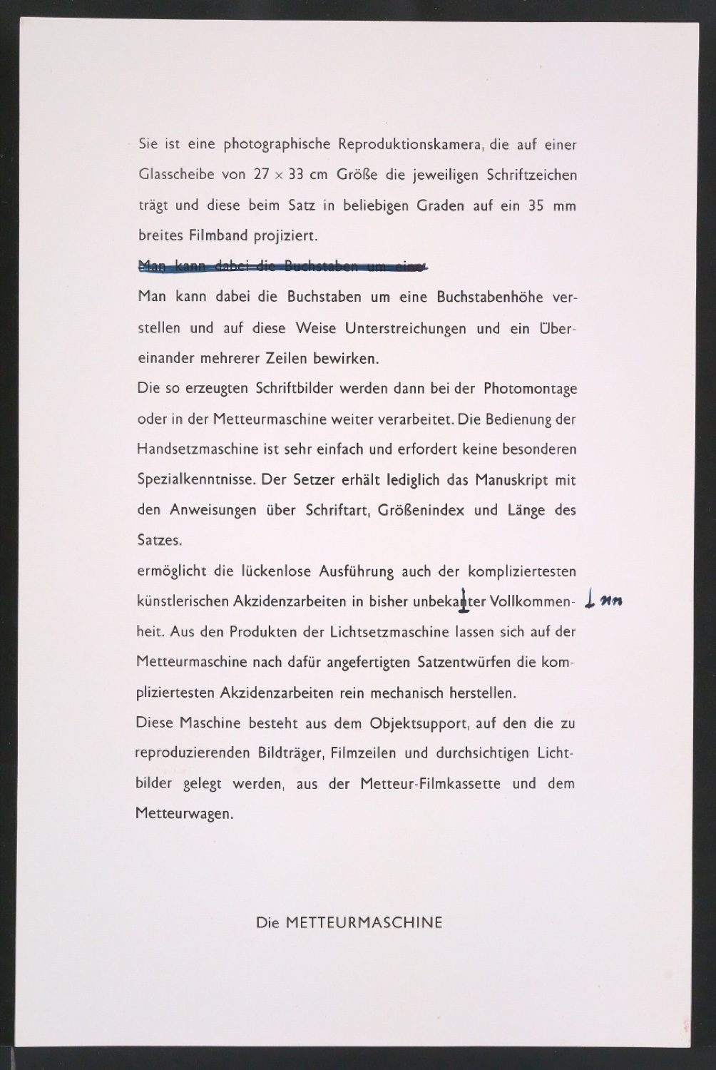 Korrigierte Kontaktabzüge für einen Werbeprospekt zur Uhertype Hand-Lichtsetzmaschine — Blatt 1